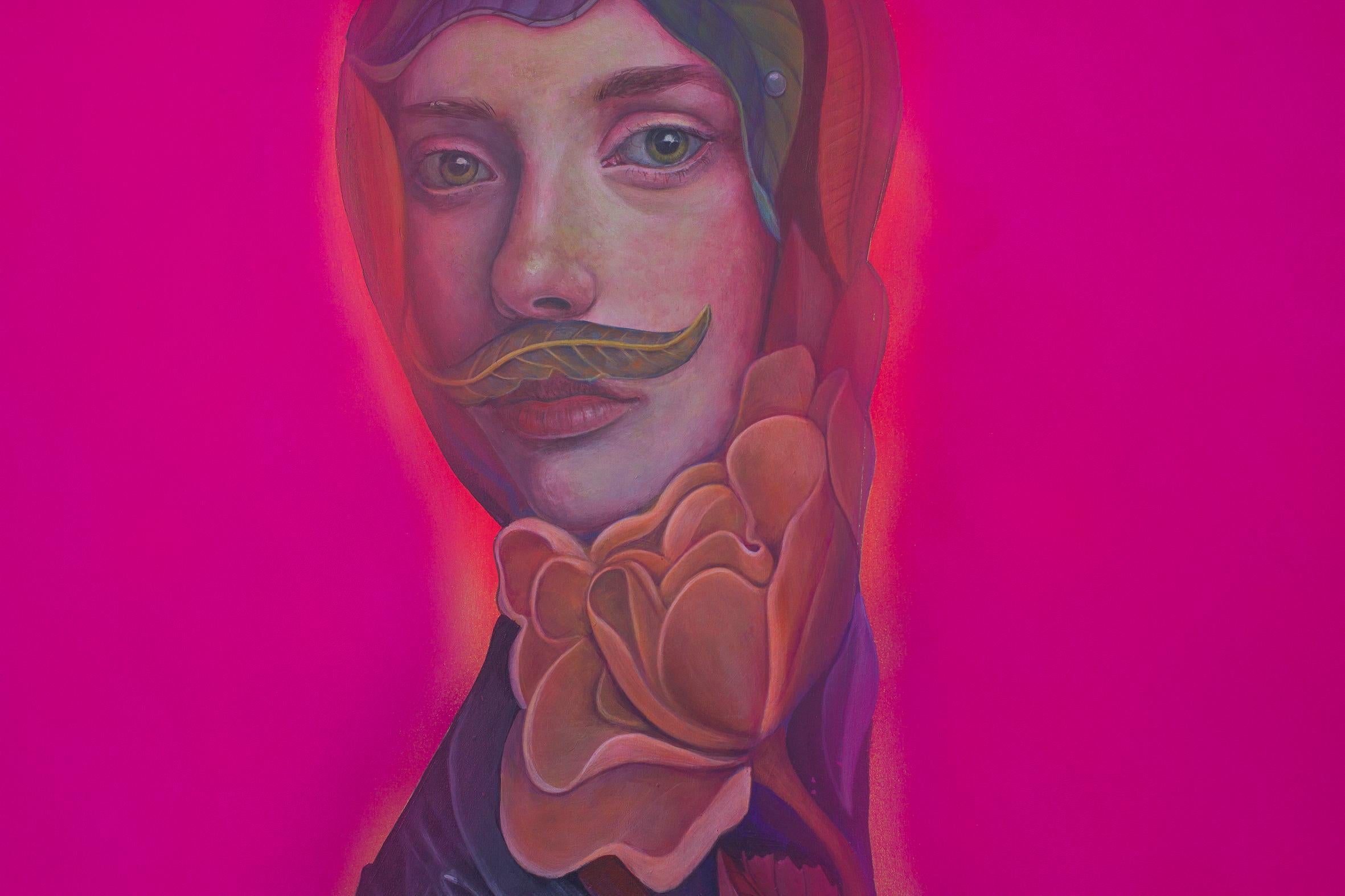 Contemporary Pop Surrealistic Portrait with Plants. Mustache and Leaves. Fluor - Pop Art Painting by Natasha Lelenco