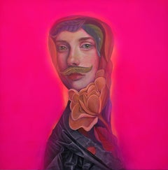 Contemporary Pop Surrealistic Portrait with Plants. Mustache and Leaves. Fluor