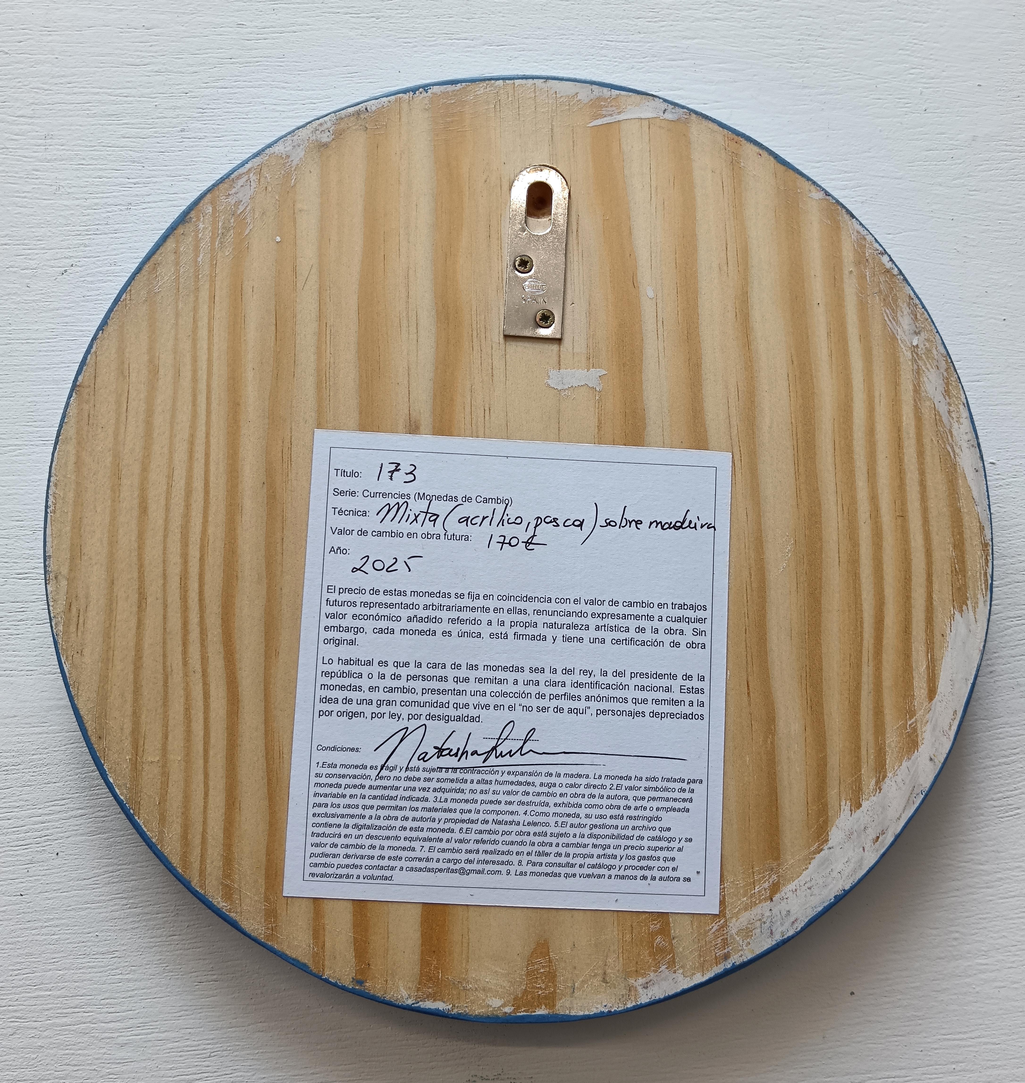 Zeitgenössisches rundes blaues Porträt mit rosa Text auf Kiefernholz. Währung #267 im Angebot 7