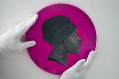 Contemporary Circular Portrait on Fuchsia With French Inscription, Currency 223