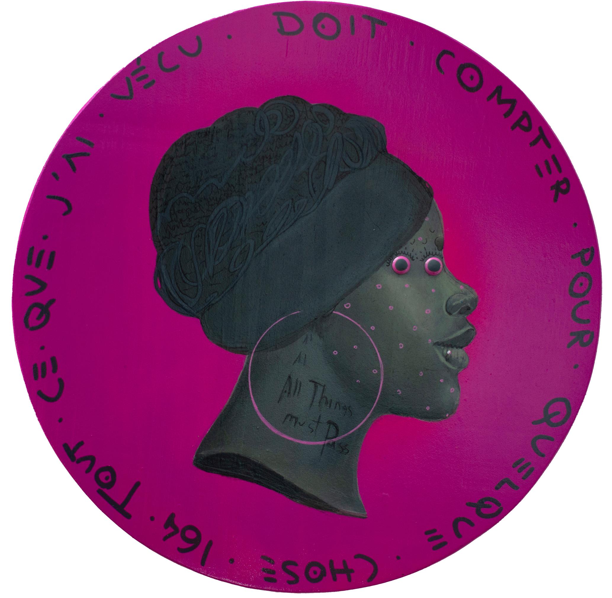 Profilo vibrante contemporaneo di una donna nera. Frase francese "Valuta #223"
