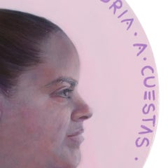 Pink Circular Portrait Painting on Wood Reflecting Memory and Presence with Text