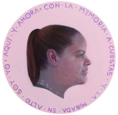 Moneda #262 - 2024, Acrílico sobre panel de madera, Retrato rosa con texto manuscrito