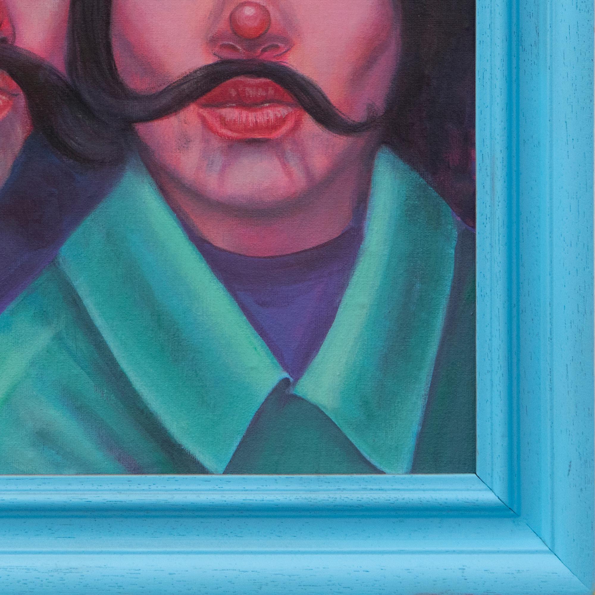 Entengesicht Selfies Schnurrbart Surreal Lustiges Portrait Emoji SocialMedia Inspiriert (Blau), Figurative Painting, von Natasha Lelenco