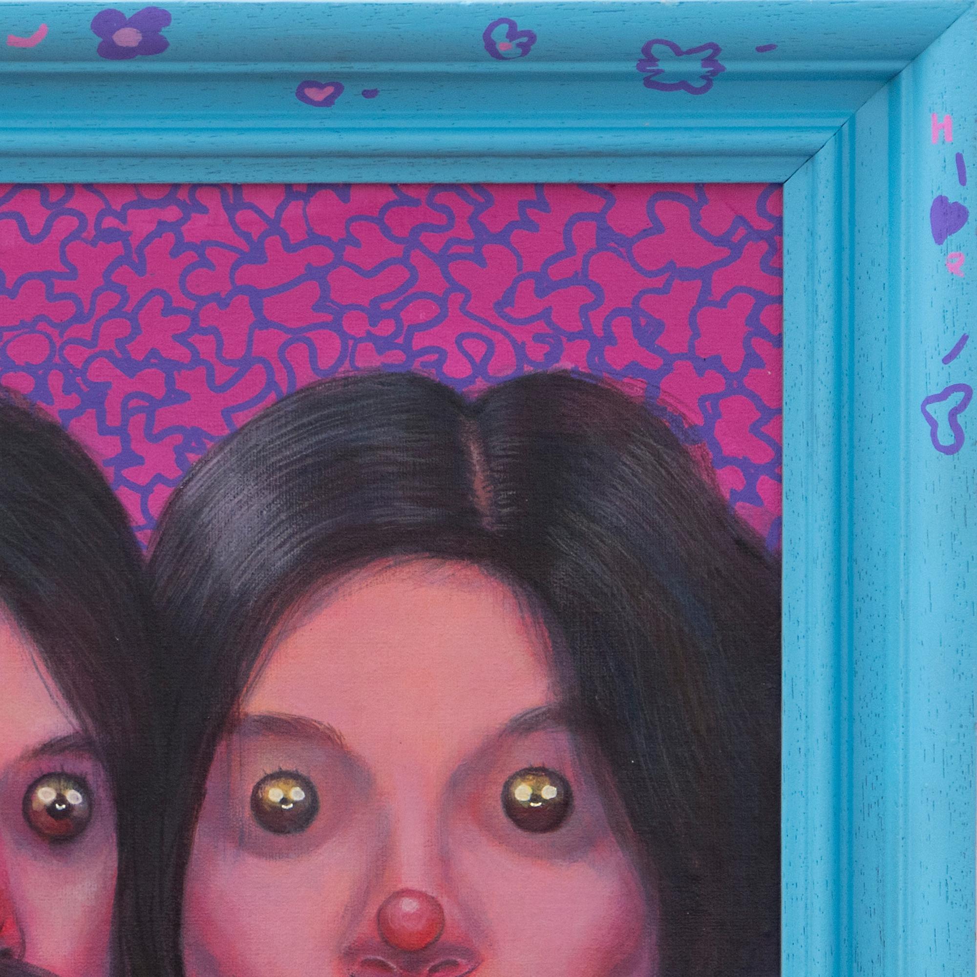 Dieses Acrylgemälde zeigt ein gespiegeltes Figurenpaar, dessen Gesichtszüge menschliche Ähnlichkeit und digitale Ikonografie miteinander verbinden.

Als Teil von Natasha Lelencos You Are The One-Serie setzt 