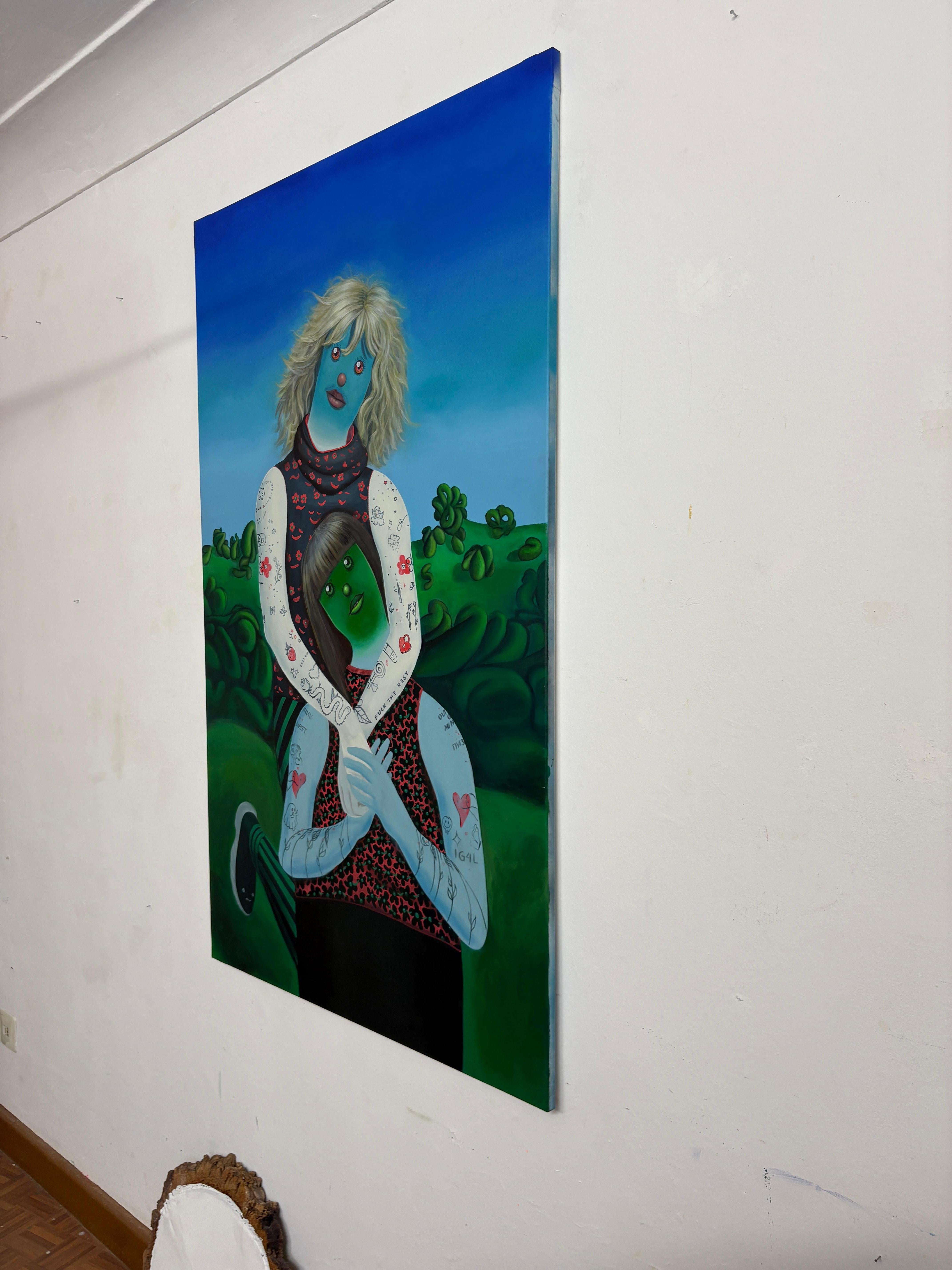 Emoji Doppelportrait Acryl und Spray Großes buntes Gemälde auf Leinwand im Angebot 1