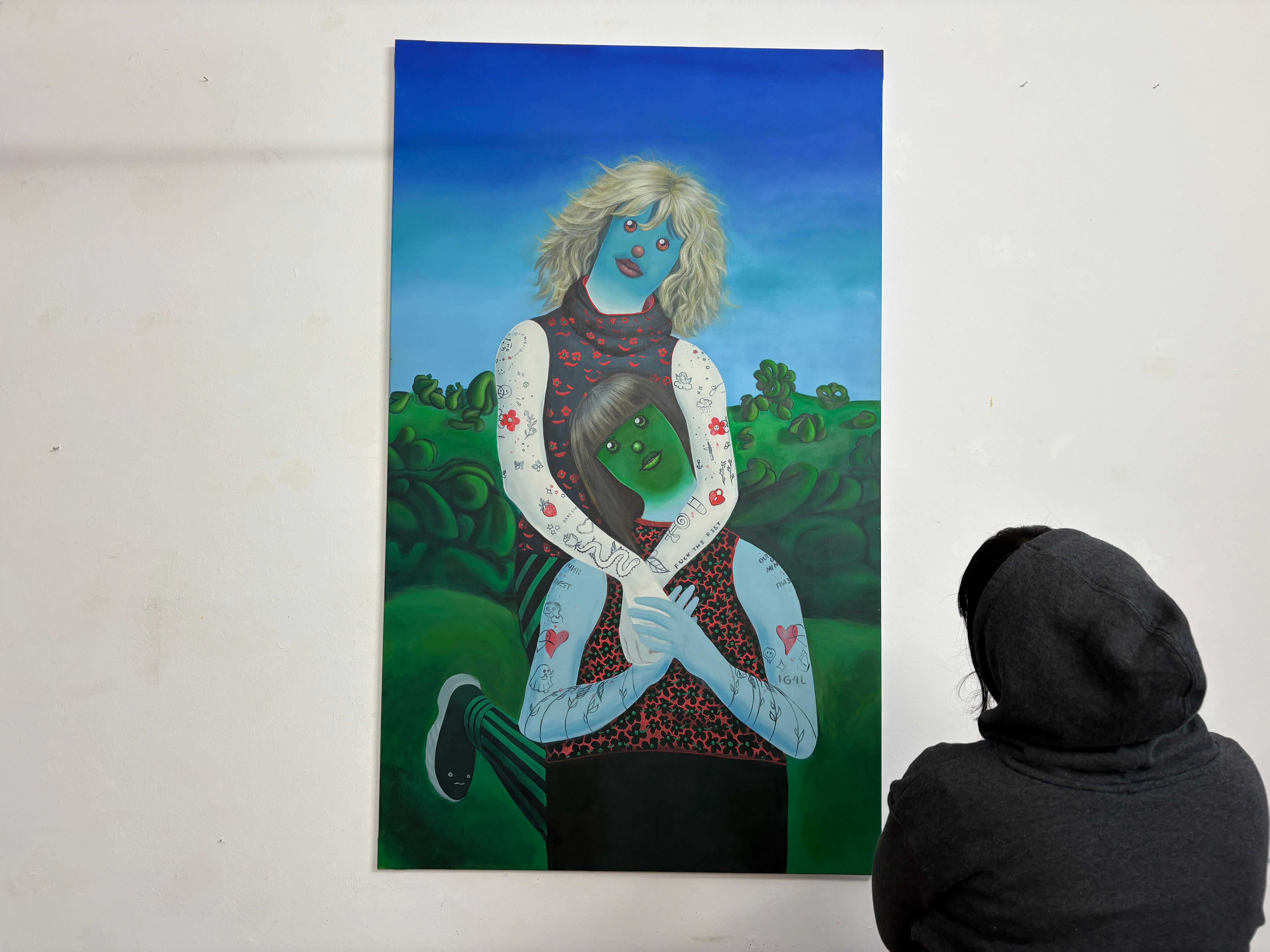 Emoji Doppelportrait Acryl und Spray Großes buntes Gemälde auf Leinwand im Angebot 2