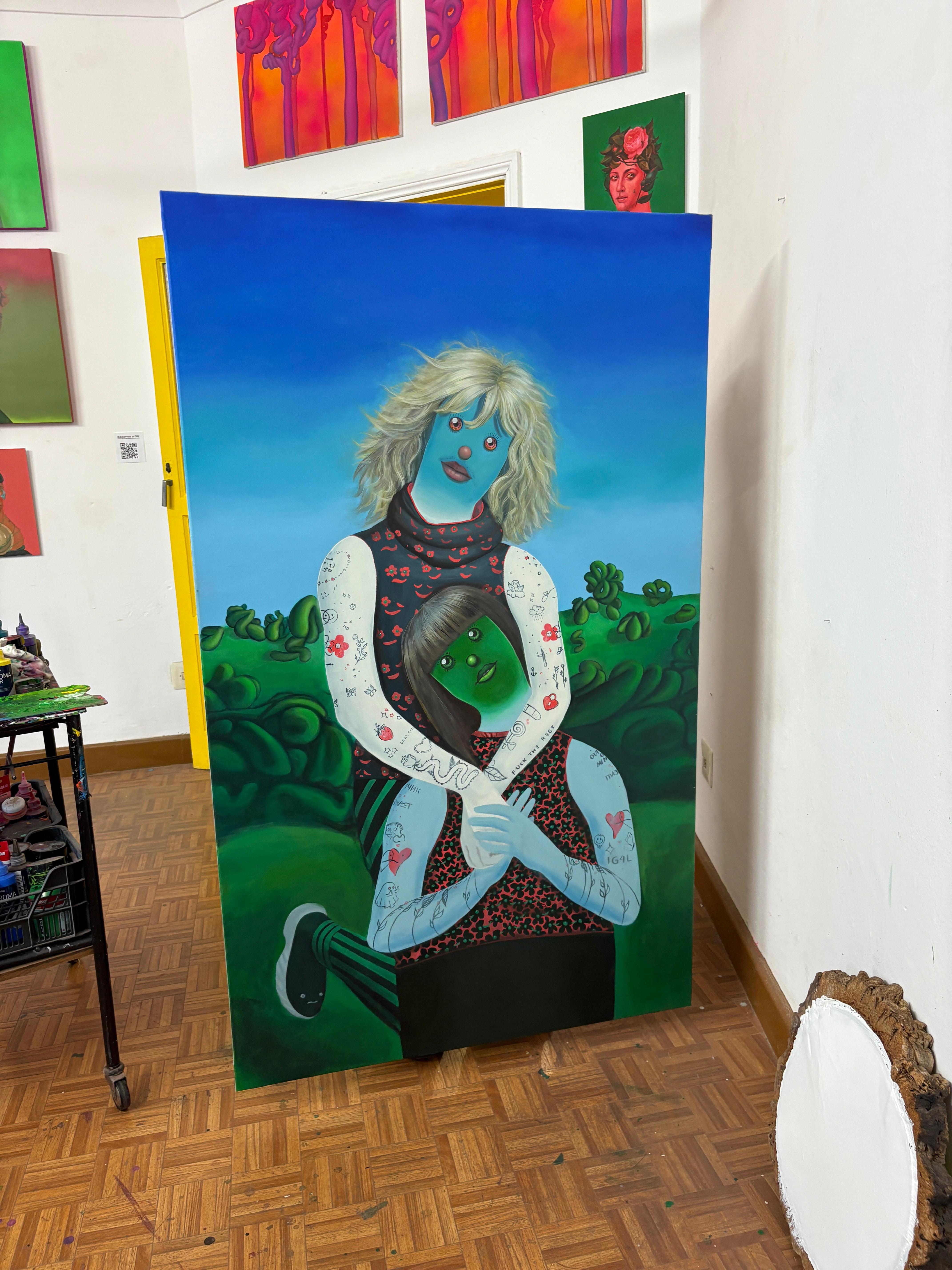 Emoji Doppelportrait Acryl und Spray Großes buntes Gemälde auf Leinwand im Angebot 3