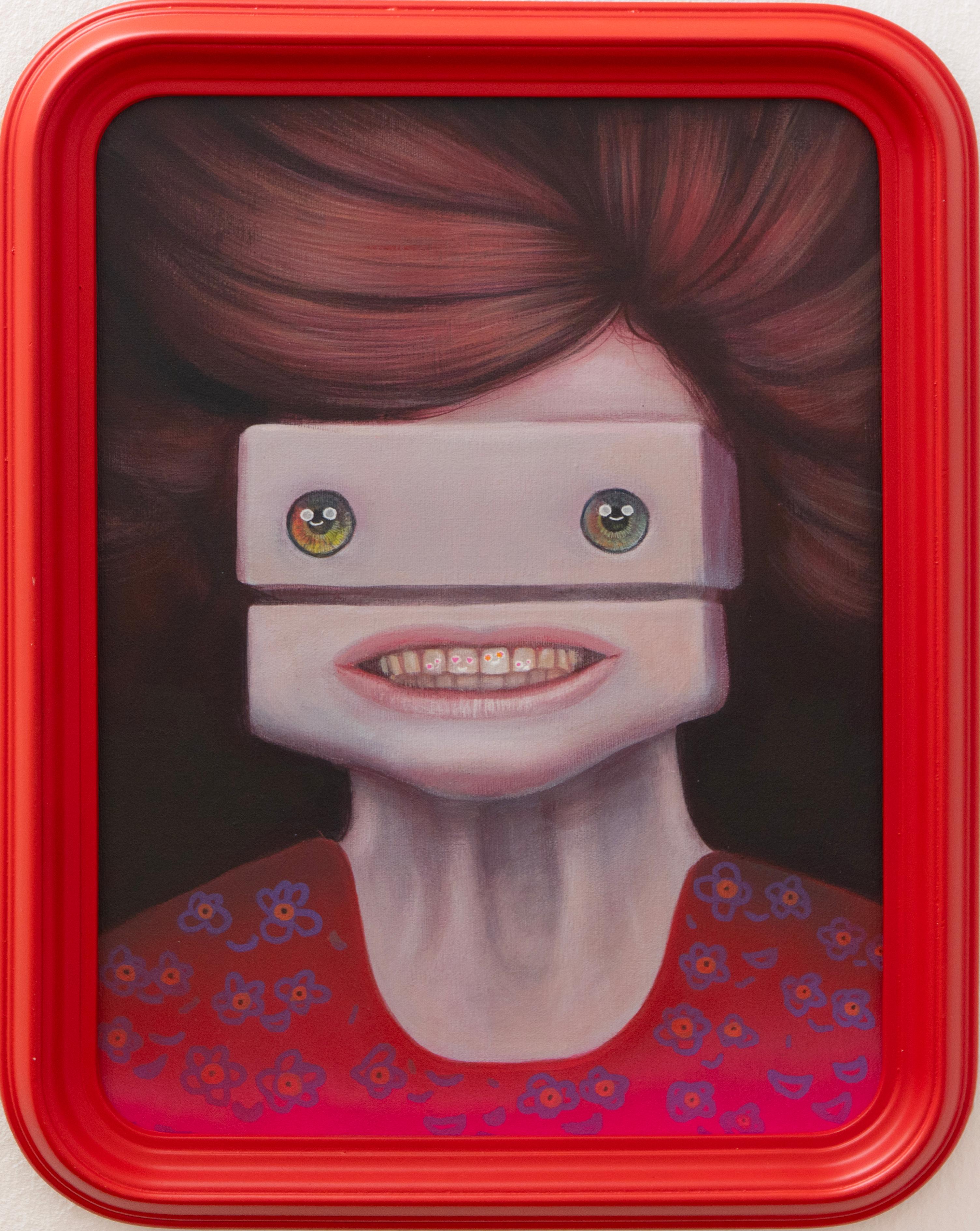 Emoji-Inspired Surreal Portrait Painting With Red Resin Frame and Forced Smile