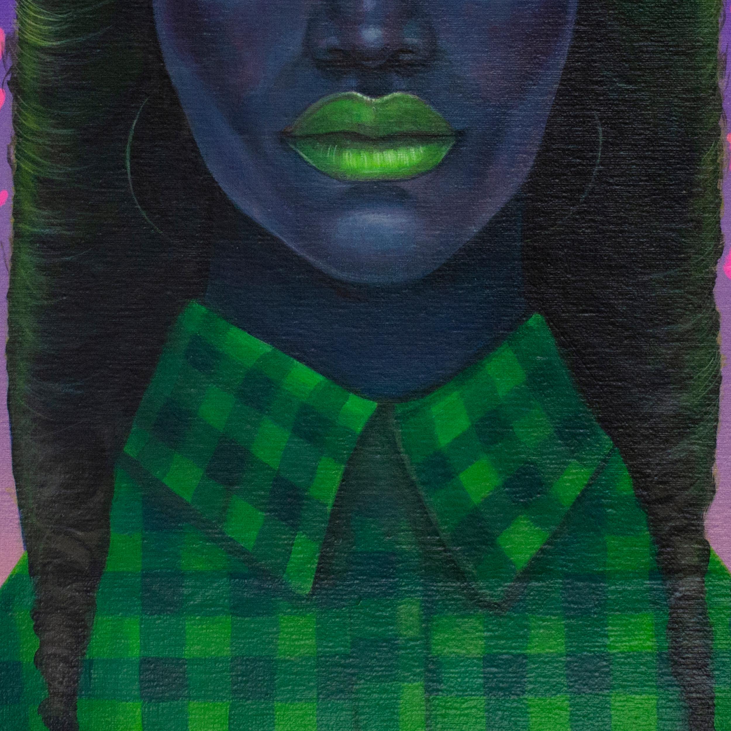 Florales, figuratives, surreales Porträt in lebhaftem Acryl mit Emoji-Motiven – Painting von Natasha Lelenco