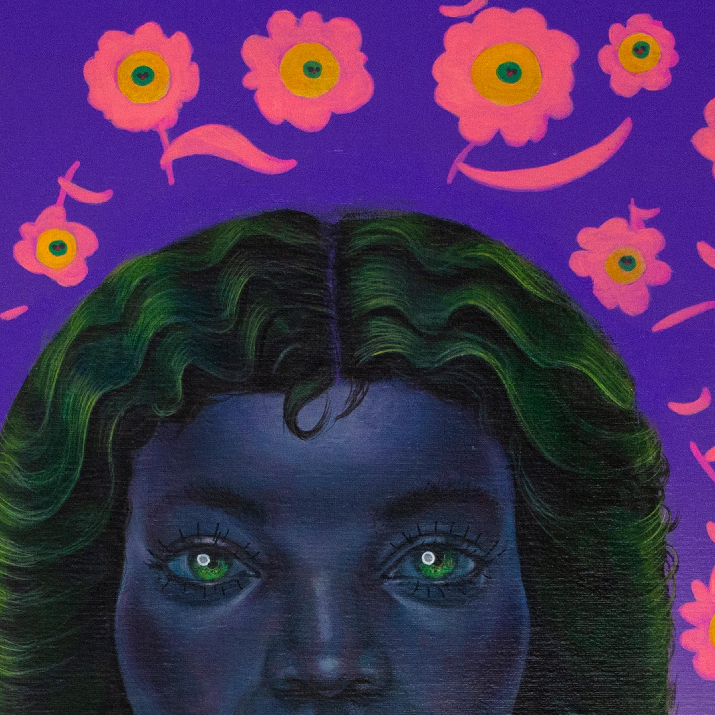 Florales, figuratives, surreales Porträt in lebhaftem Acryl mit Emoji-Motiven (Pop-Art), Painting, von Natasha Lelenco