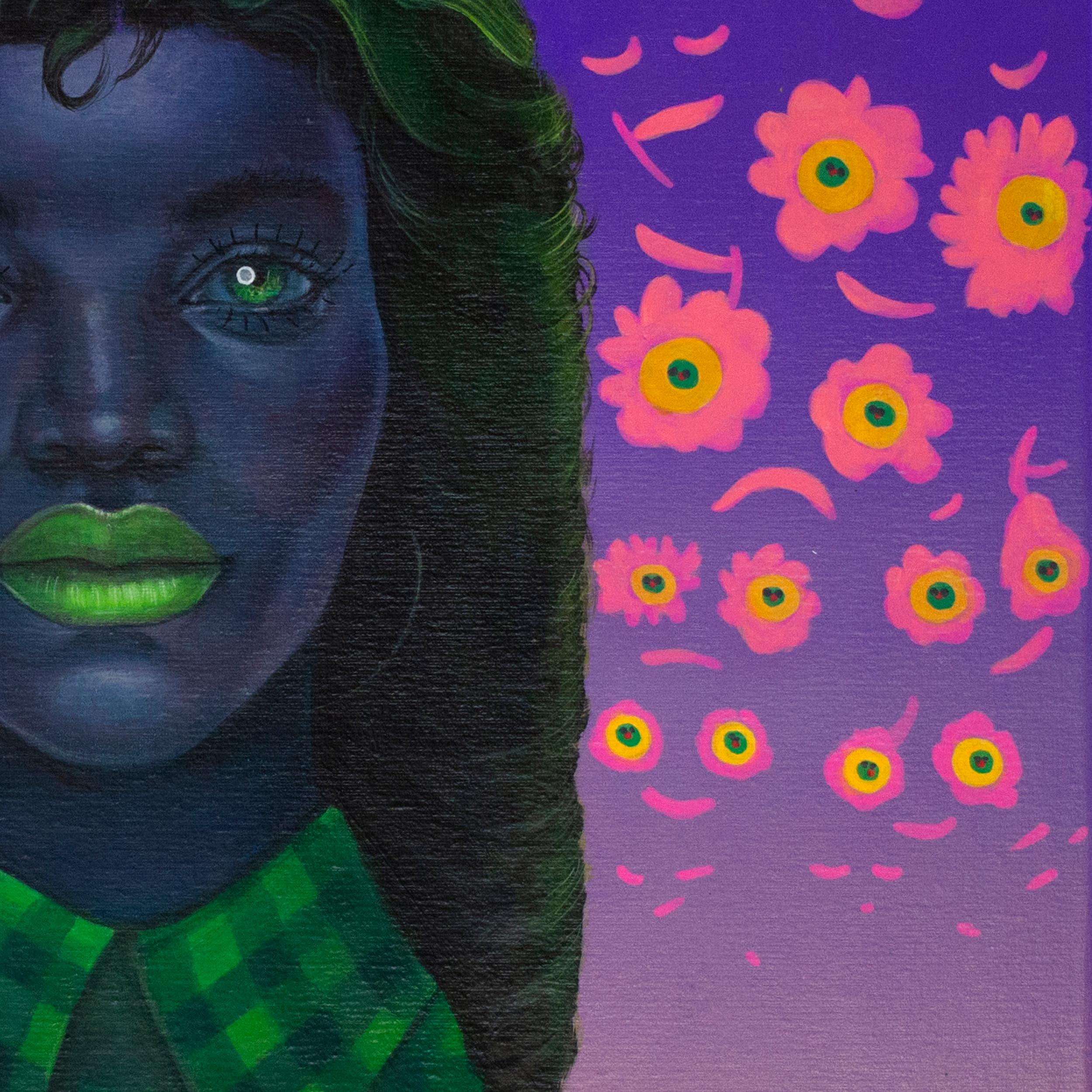 Florales, figuratives, surreales Porträt in lebhaftem Acryl mit Emoji-Motiven (Violett), Portrait Painting, von Natasha Lelenco