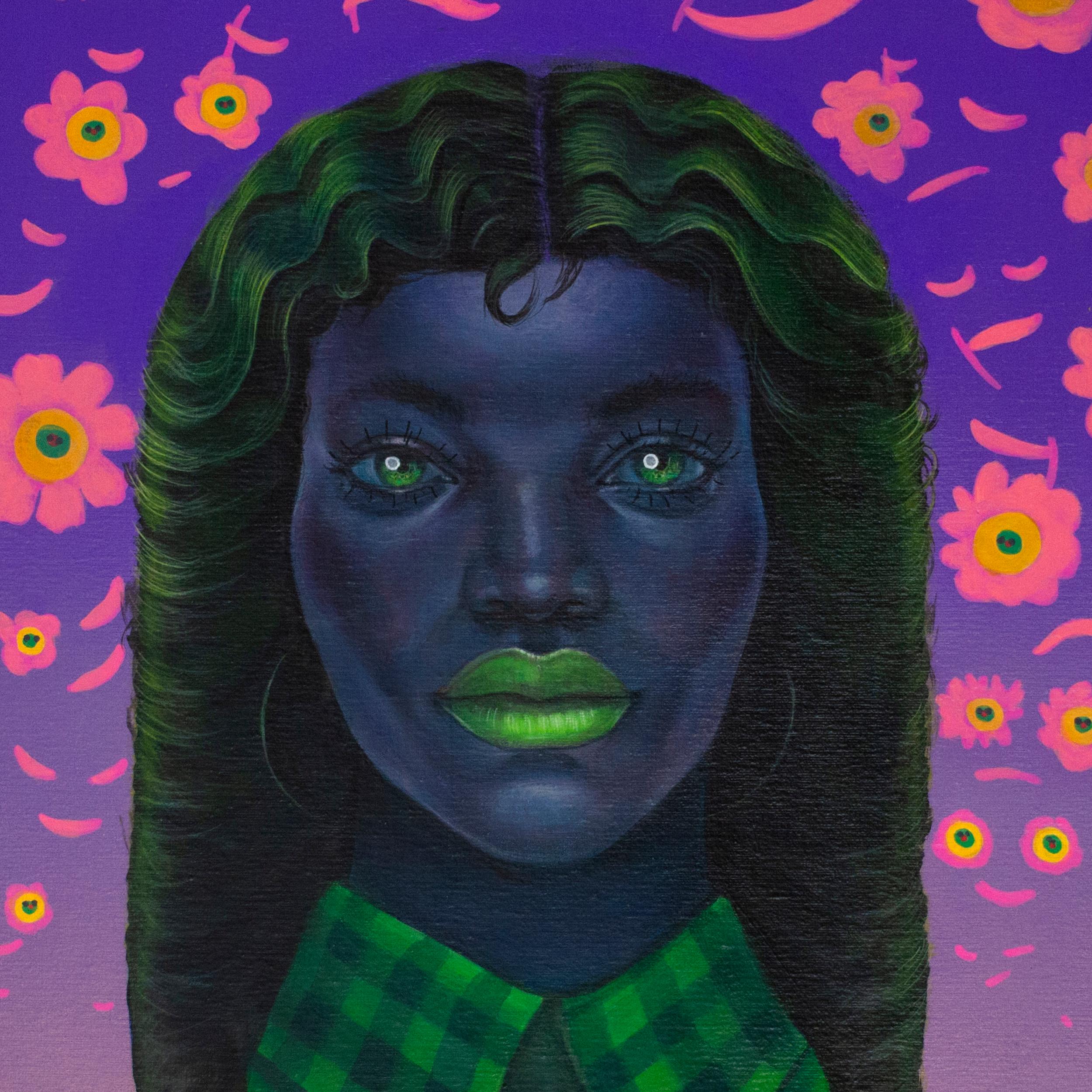 Ein lebhaftes figuratives Porträt in Acryl, das florale Muster, von Emojis inspirierte Motive und satte Farben kombiniert, um digitale Identität und Selbstdarstellung zu erkunden. Dieses lebendige figurative Porträt kombiniert satte Farben, florale