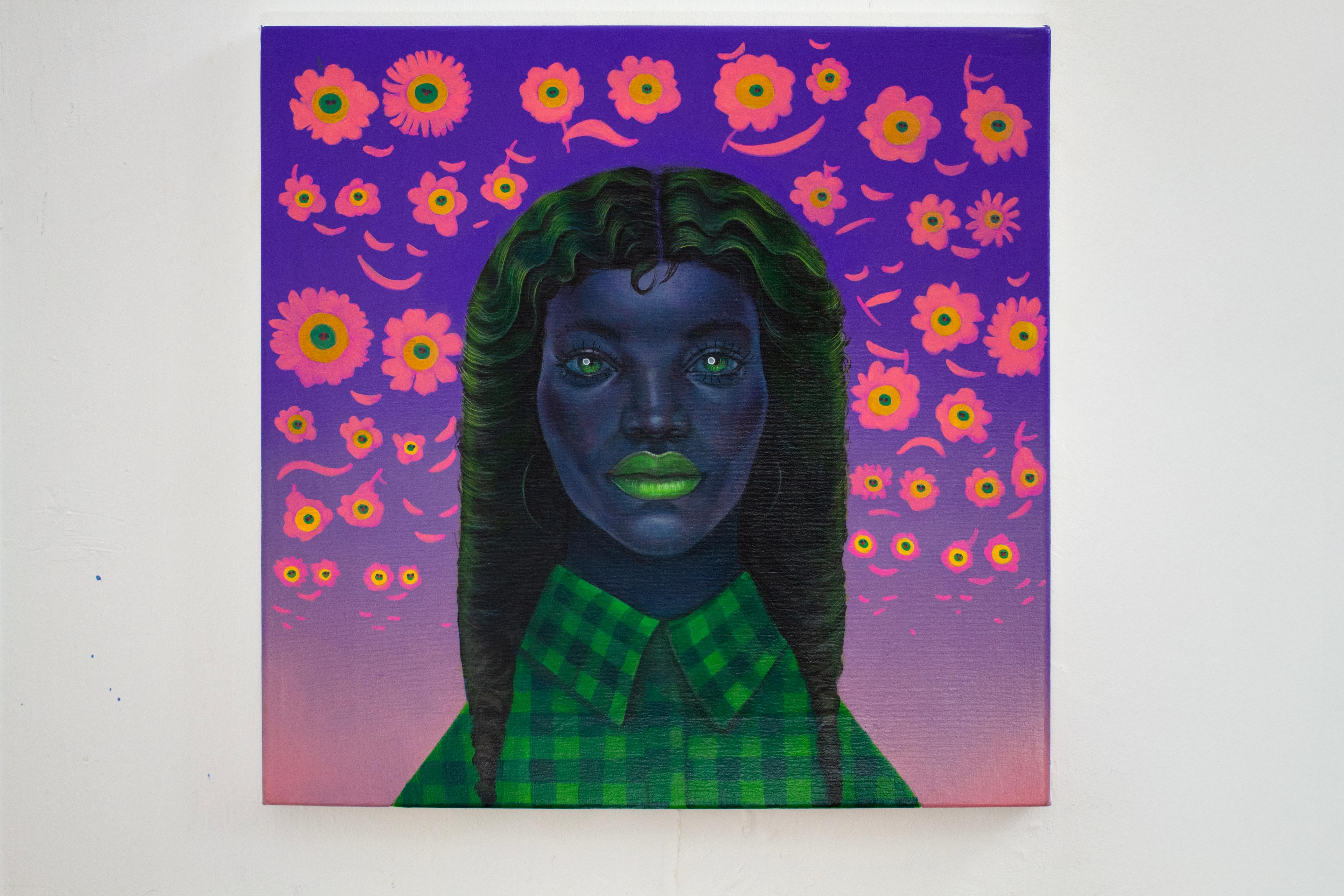 Florales, figuratives, surreales Porträt in lebhaftem Acryl mit Emoji-Motiven im Angebot 1