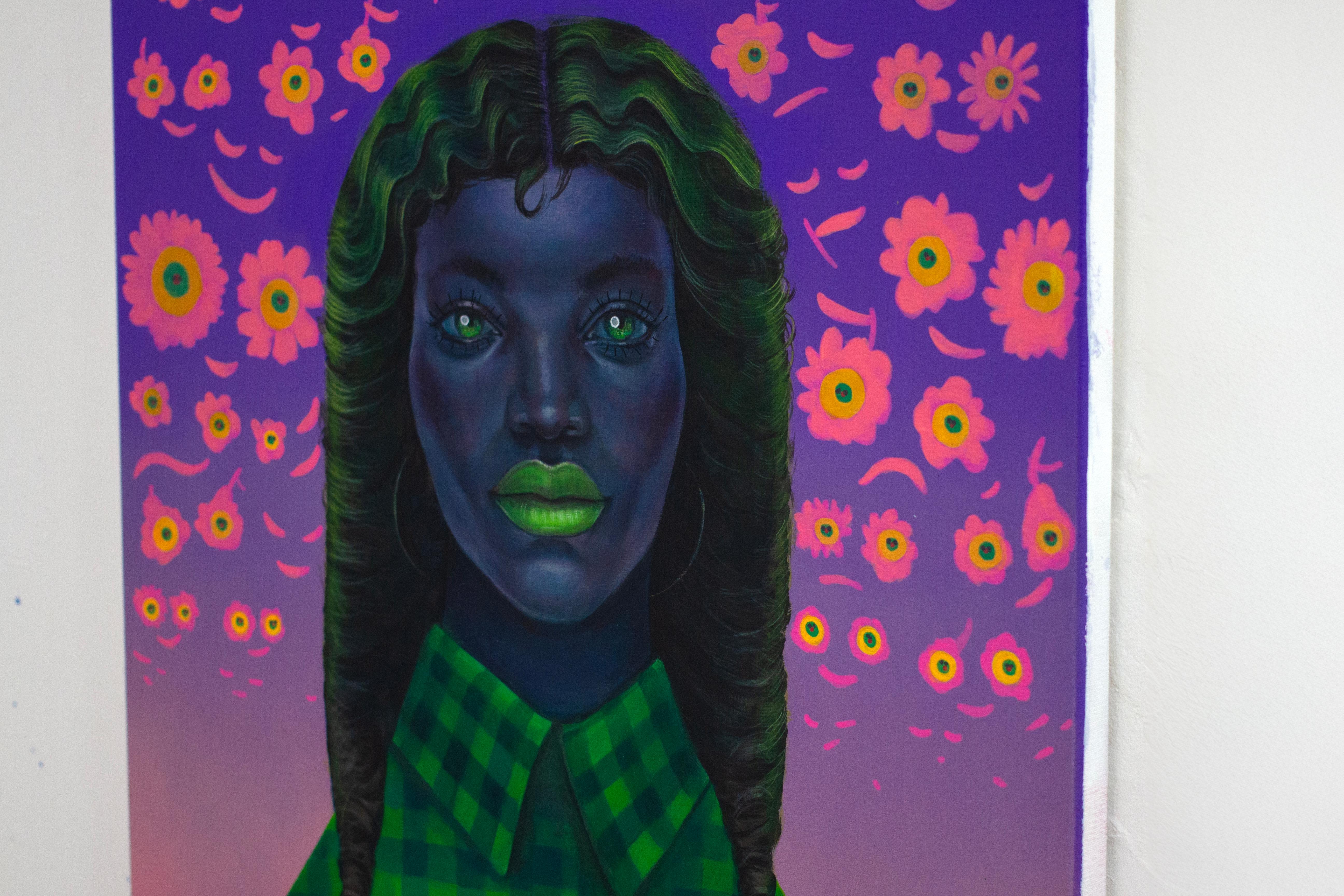 Florales, figuratives, surreales Porträt in lebhaftem Acryl mit Emoji-Motiven im Angebot 2