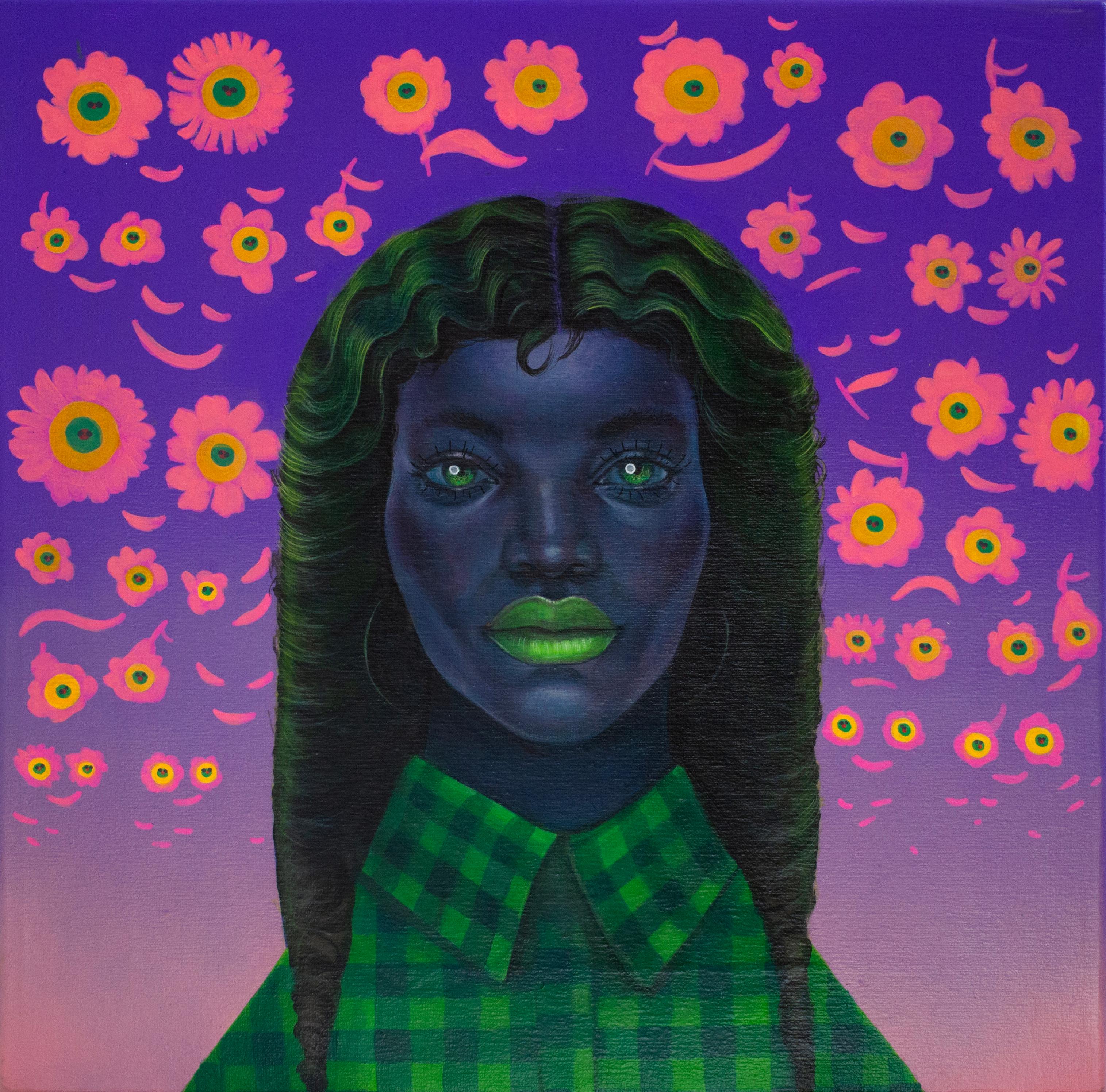 Florales, figuratives, surreales Porträt in lebhaftem Acryl mit Emoji-Motiven