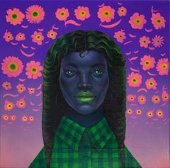 Ritratto figurativo floreale surreale in acrilico vivace con motivi Emoji