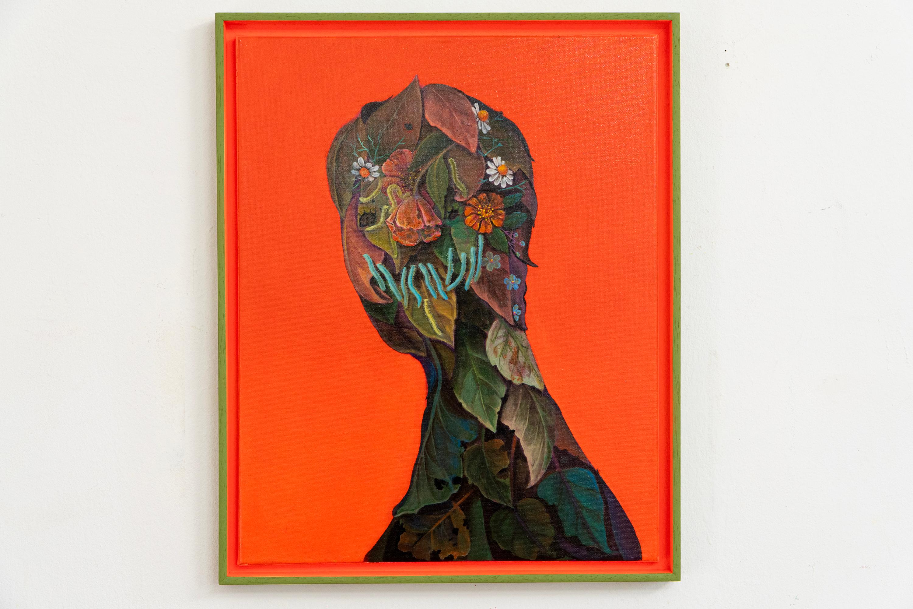 Leafy and Worms Head Portrait on Orange Background – Acrylic on Framed Canvas - Painting by Natasha Lelenco