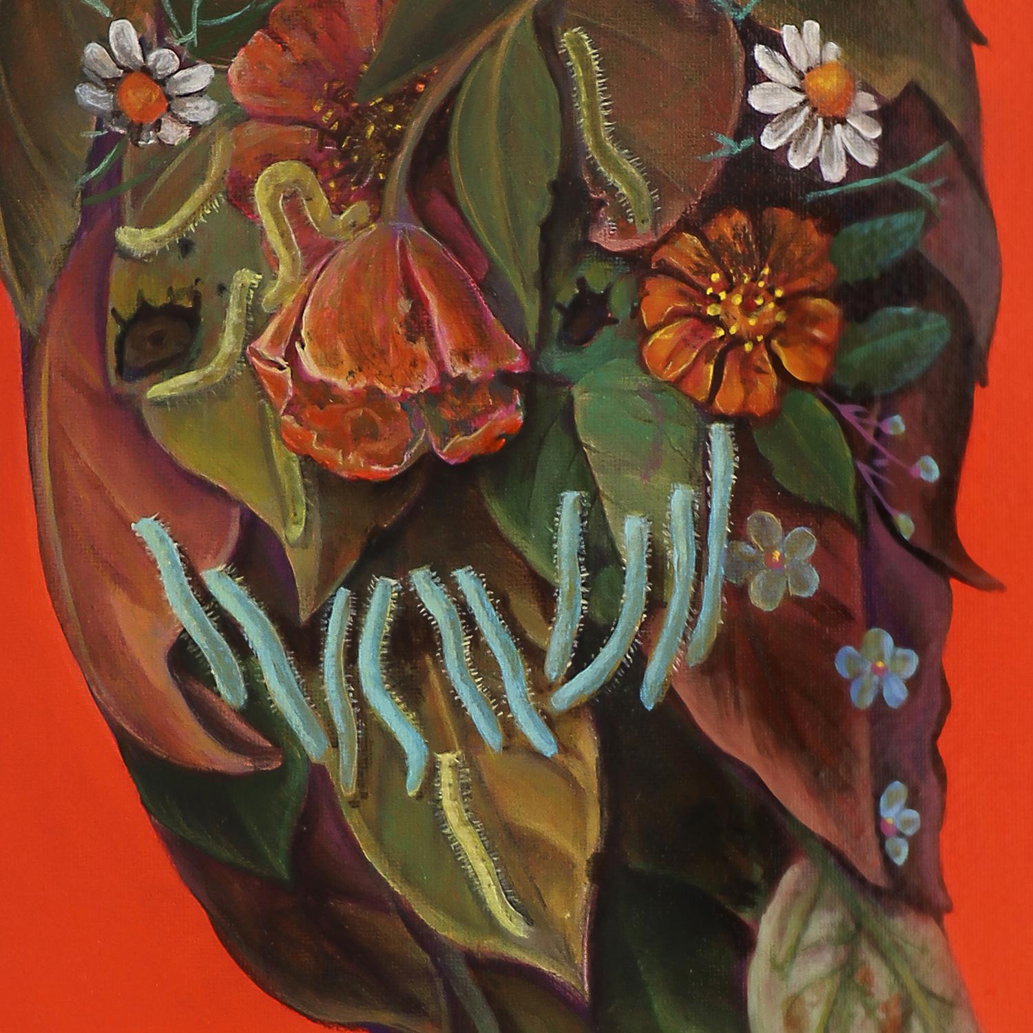Leafy and Worms Head Portrait on Orange Background – Acrylic on Framed Canvas - Pop Art Painting by Natasha Lelenco