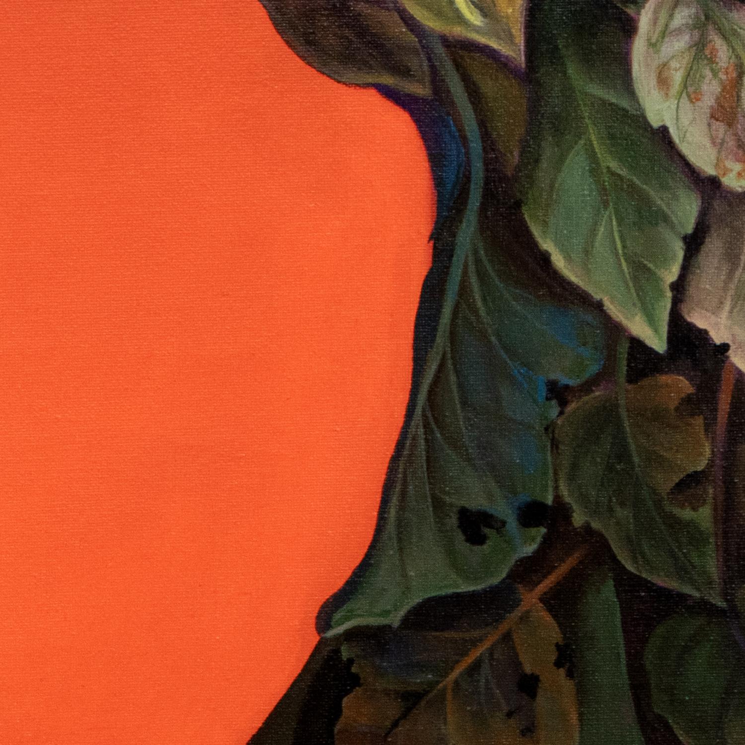 Leafy and Worms Head Portrait on Orange Background – Acrylic on Framed Canvas - Red Abstract Painting by Natasha Lelenco