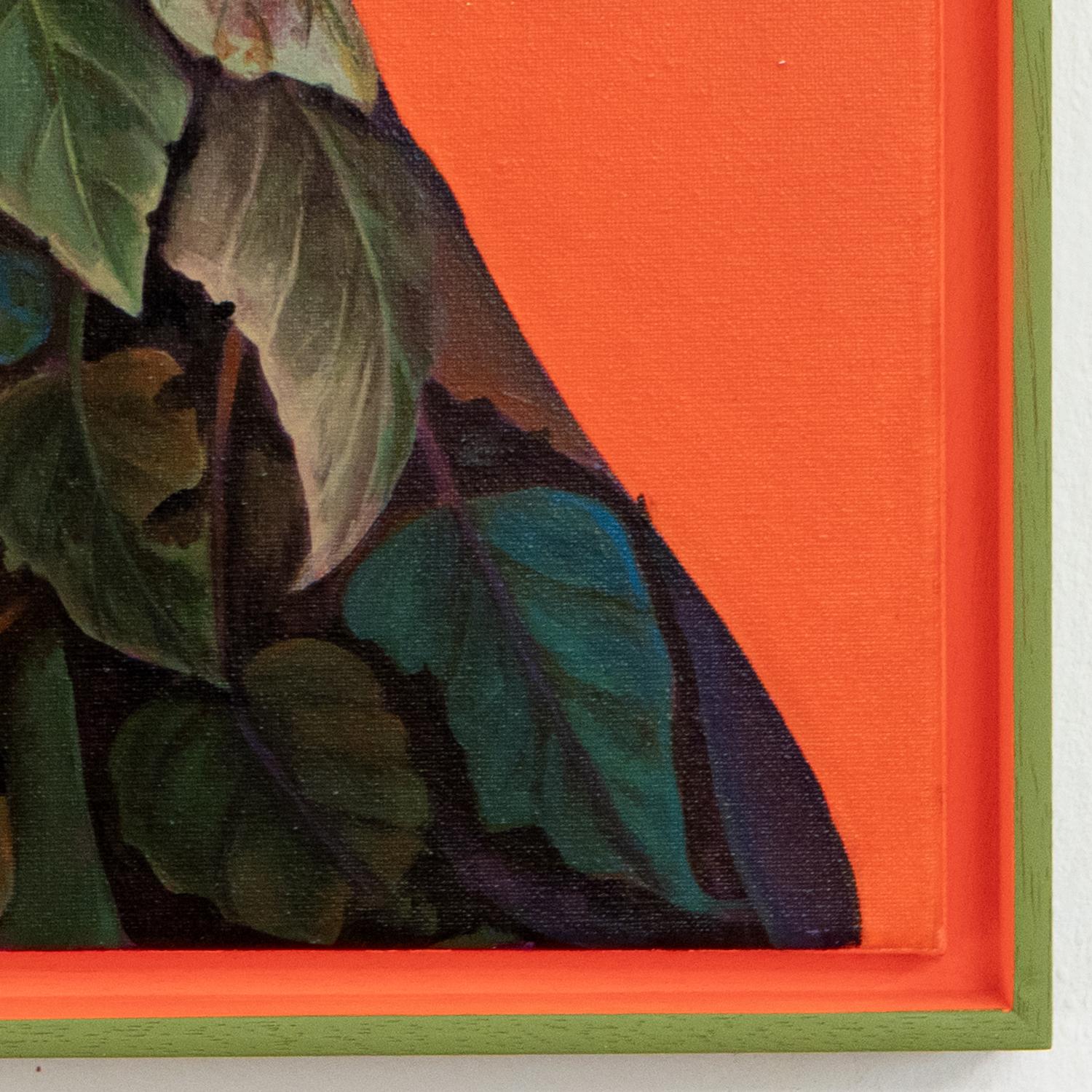 “Flowers and Worms” (2021) is a botanical portrait painting from the Fetiches series by Moldovan-born artist Natasha Lelenco. Executed in acrylic on canvas and set within an integrated, hand-painted frame, this original artwork features a human