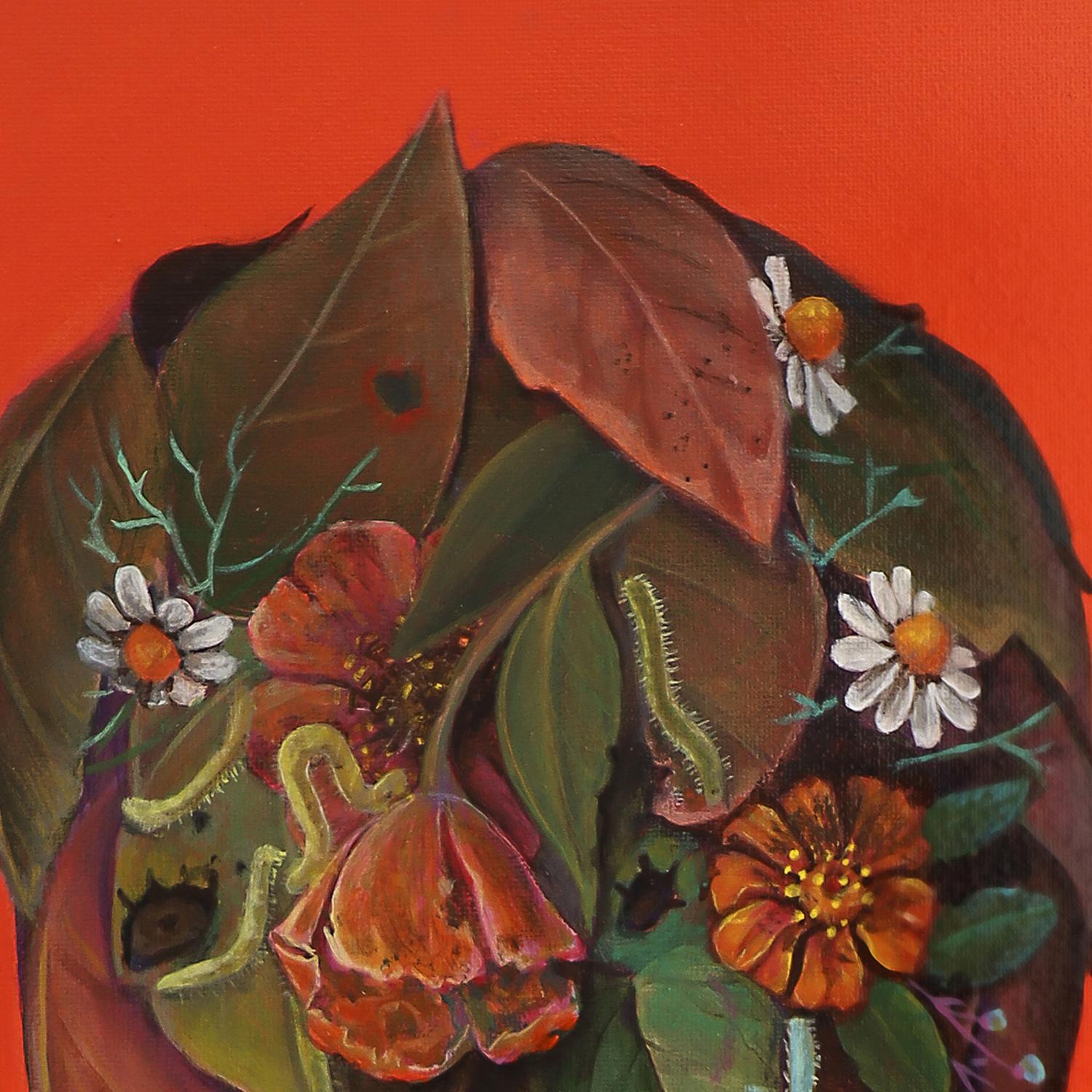 Leafy and Worms Head Portrait on Orange Background – Acrylic on Framed Canvas For Sale 1
