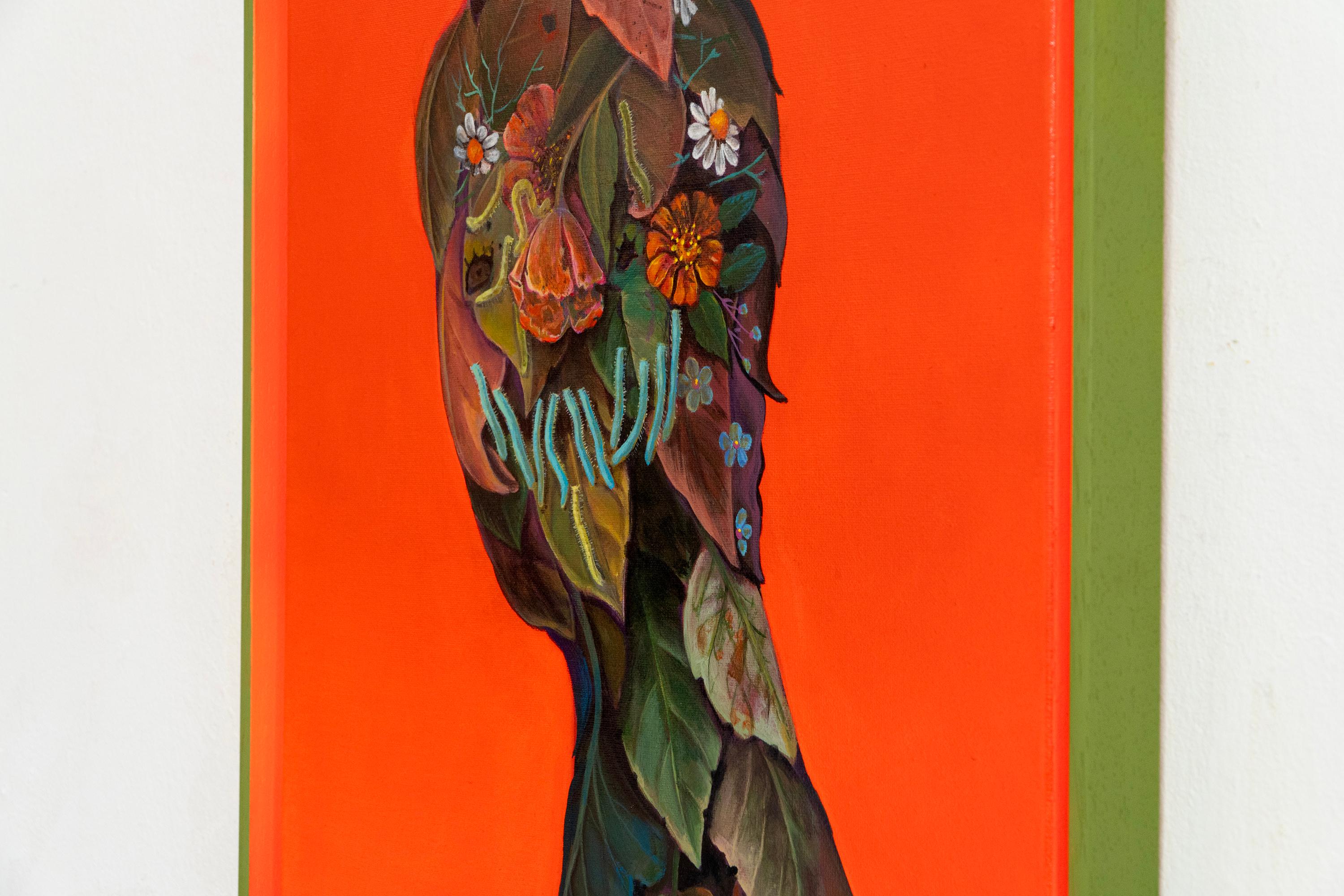 Leafy and Worms Head Portrait on Orange Background – Acrylic on Framed Canvas For Sale 2