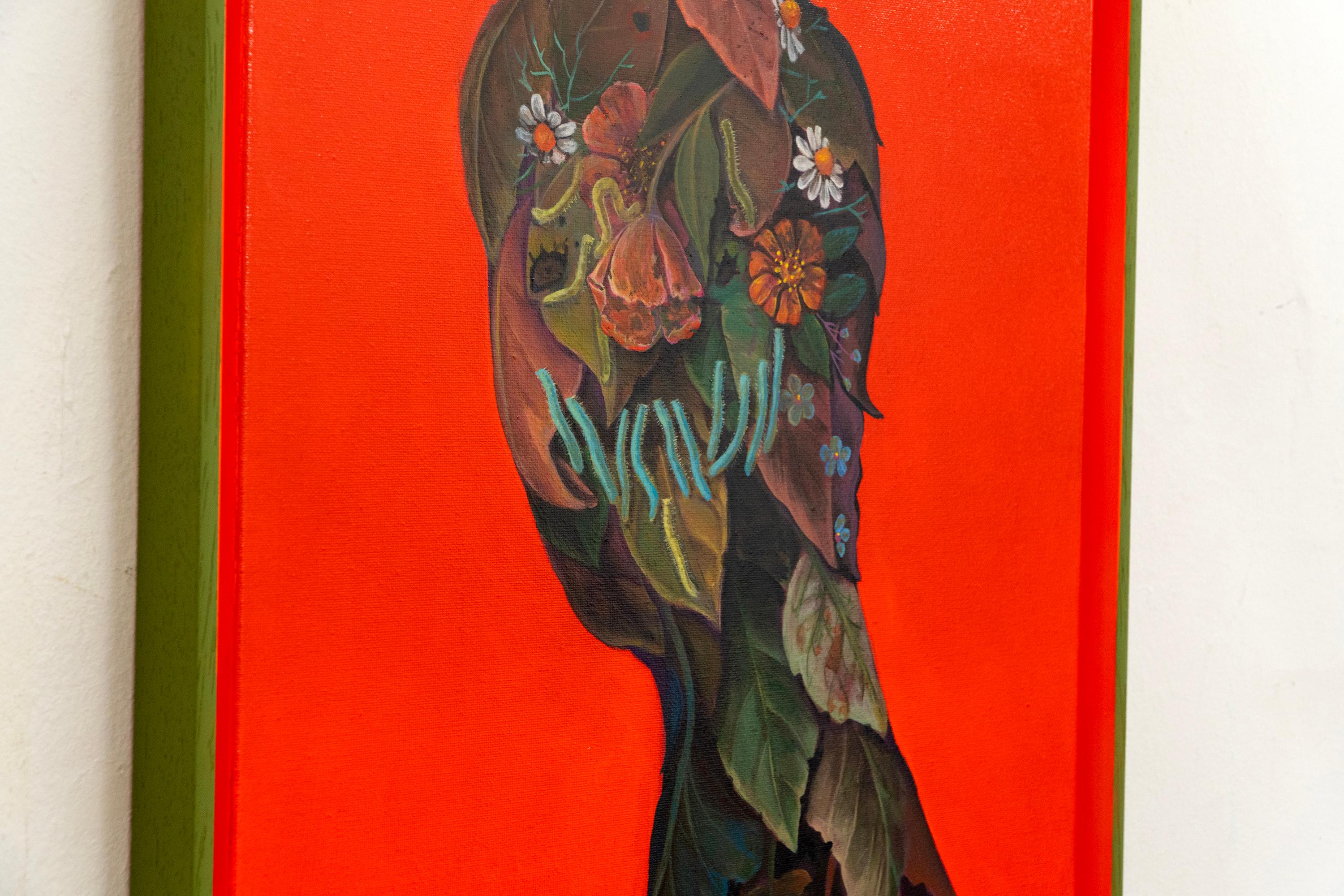 Leafy and Worms Head Portrait on Orange Background – Acrylic on Framed Canvas For Sale 3