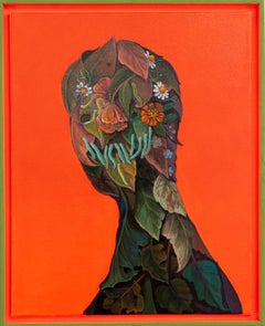 Retrato de Cabeza de Hoja y Gusano sobre Fondo Naranja - Acrílico sobre Lienzo Enmarcado