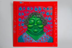 Ritratto figurativo con cornice fluorescente con emoji botanici e faccia verde