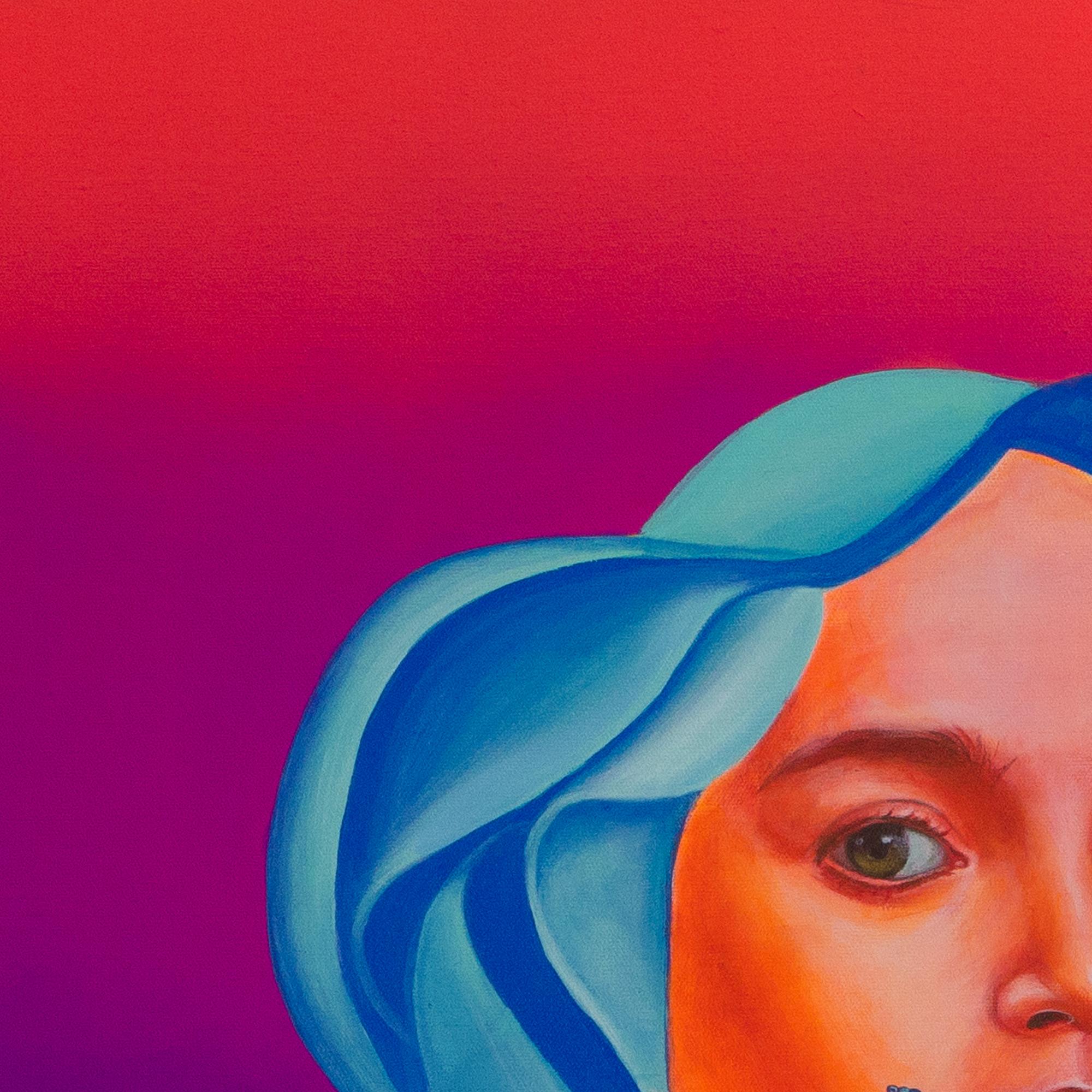 Fluorescent Pop Surrealistisches weibliches Porträt mit Insekten und botanischen Elementen (Violett), Portrait Painting, von Natasha Lelenco