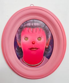 Framed Contemporary Figurative Portrait Painting Pink Face Oval Wooden Frame