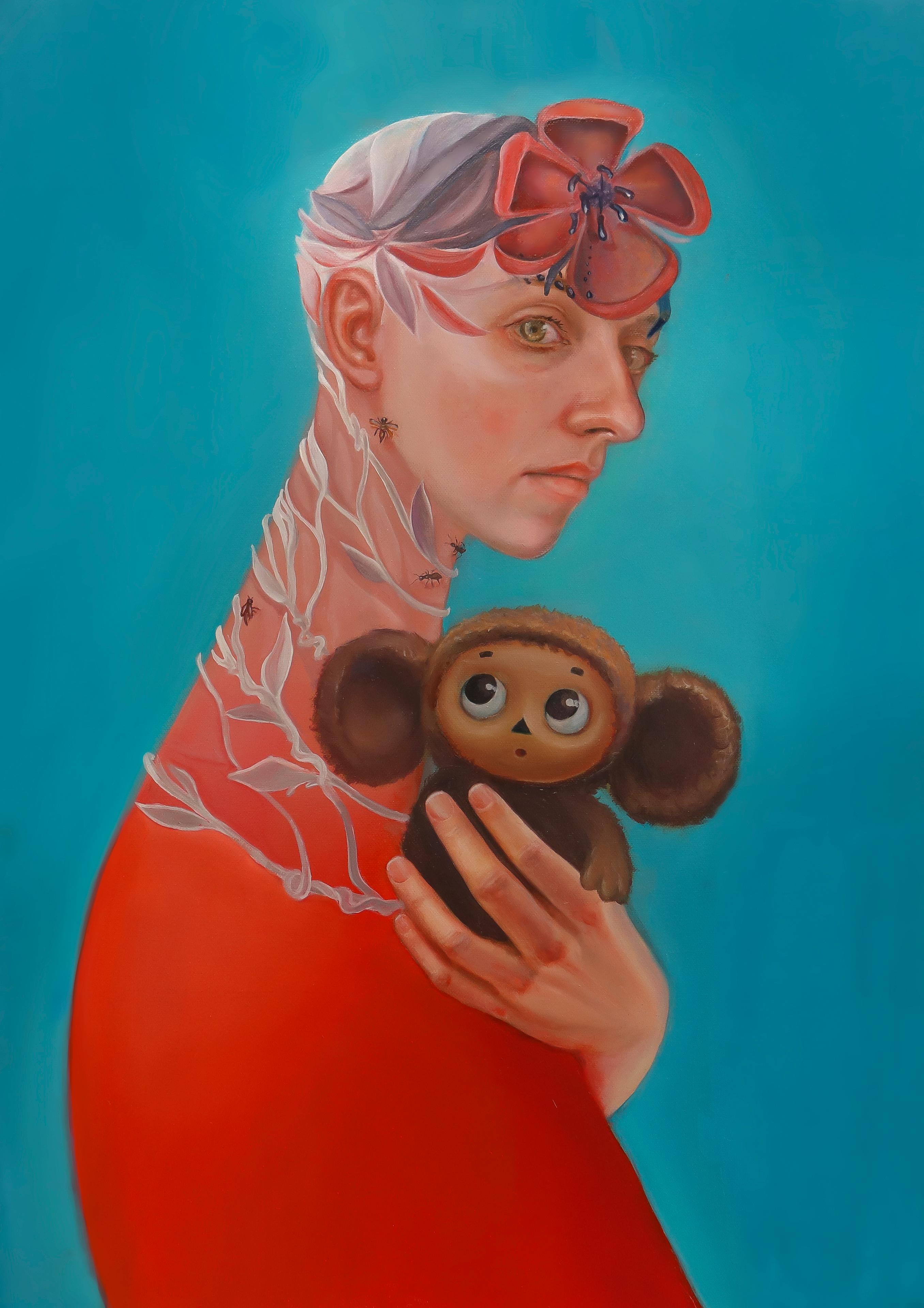 Natasha Lelenco Portrait Painting - Contemporary Pop Surrealist Non Gender Madonna with Cute Little Monster
