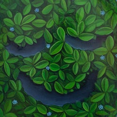 Biofilia Verde. Pintura escultórica sobre corcho natural Tondo. Arte de Emoticonos de Hoja