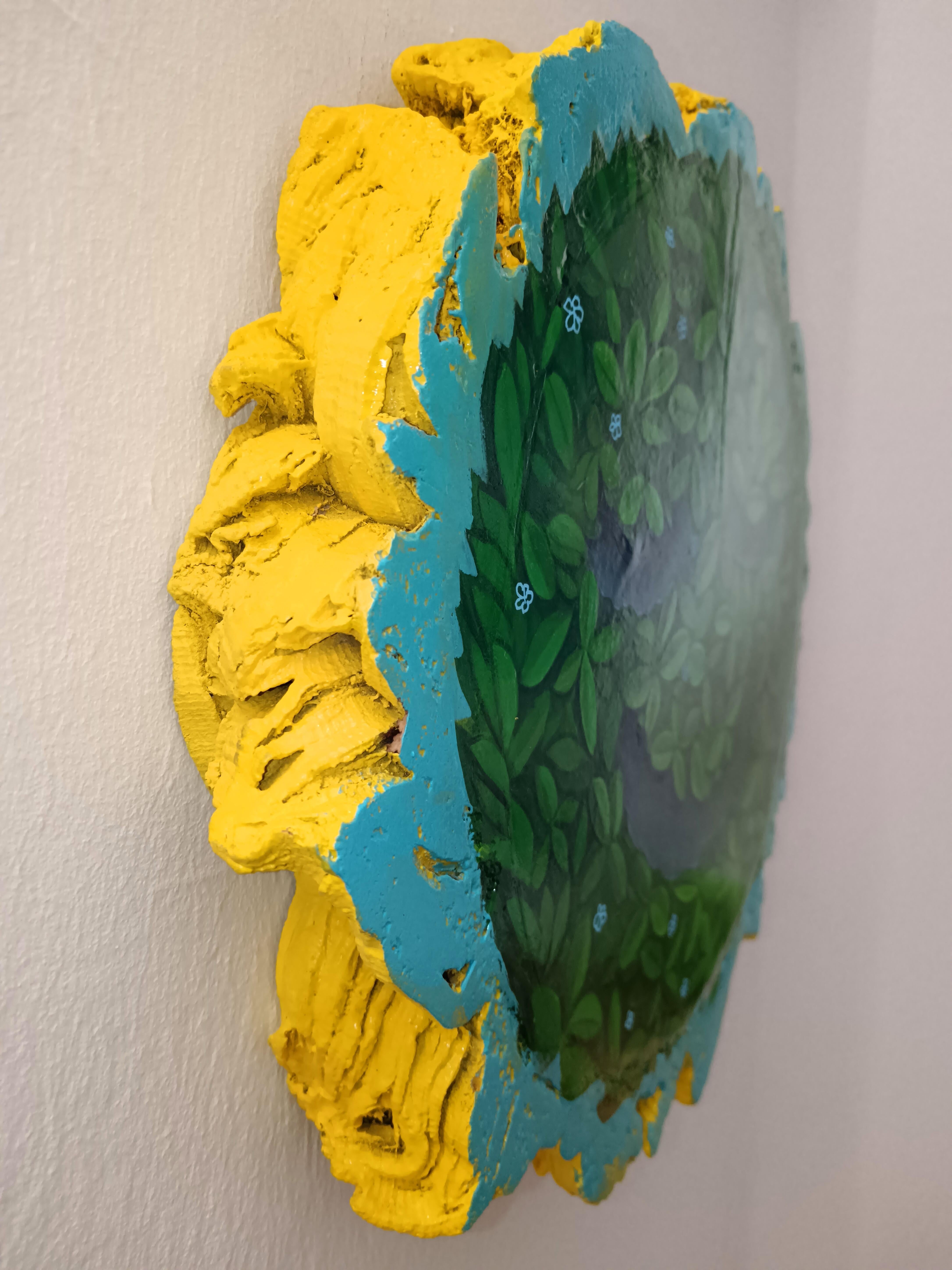 Biofilia Verde. Pintura escultórica sobre corcho natural Tondo. Arte de Emoticonos de Hoja - Still-Life Painting Azul de Natasha Lelenco