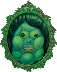 Portrait en acrylique vert : œuvre d'art surréaliste « Bubble Face » dans le style folk pop