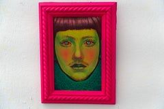 Miniature Green Emoji Portrait in Acrylic on Wood with Pink Resin Frame
