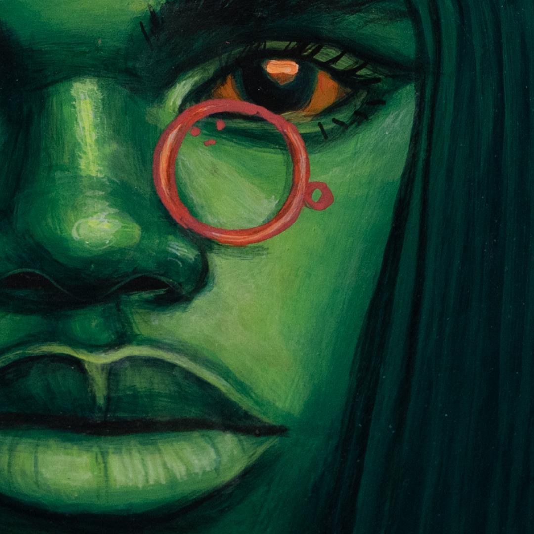 Ritratto verde vibrante con monocolo rosso e sguardo intenso - Cloni di antenati #17 - Painting Pop Art di Natasha Lelenco