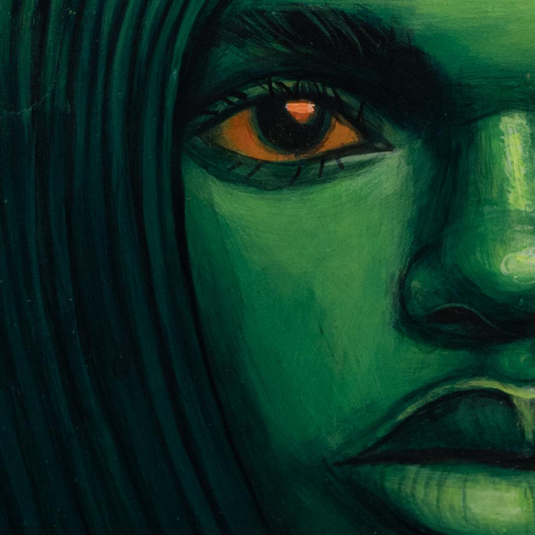 Portrait vert avec monocle rouge et gaze intense - Clones d'ancêtre n° 17 - Pop Art Painting par Natasha Lelenco