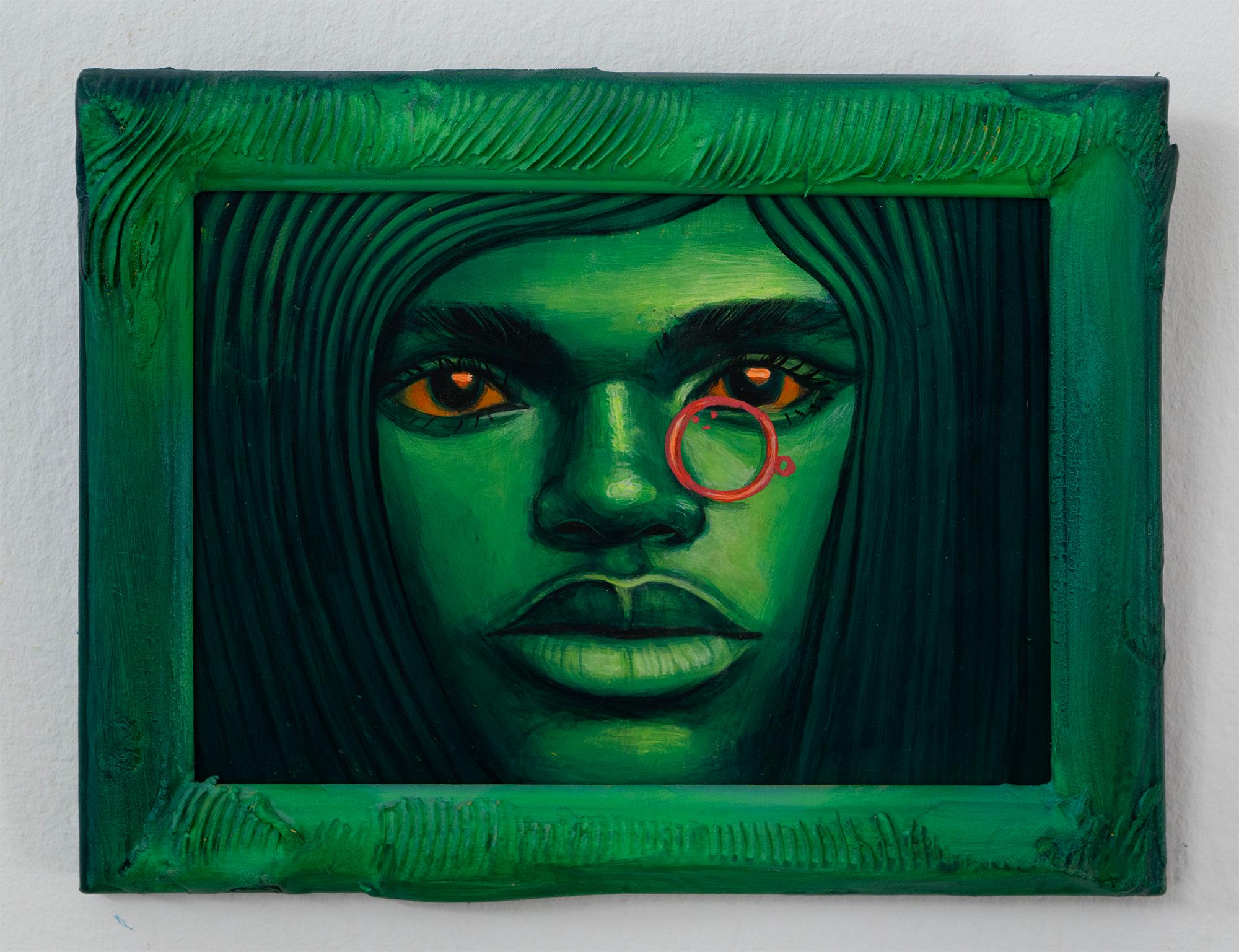 Ritratto verde vibrante con monocolo rosso e sguardo intenso - Cloni di antenati #17