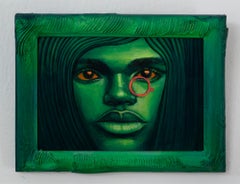 Vibrant Green Portrait with Red Monocle and Intense Gaze - Ancestor Clones #17