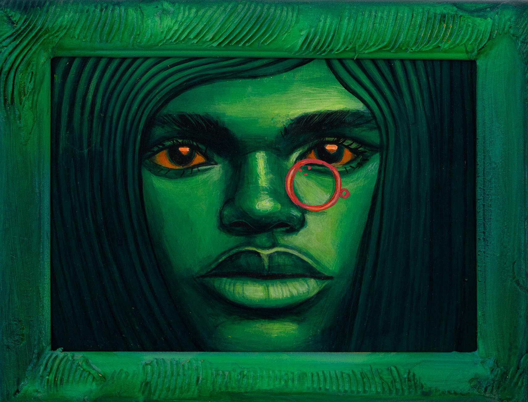 Ritratto verde vibrante con monocolo rosso e sguardo intenso - Cloni di antenati #17 - Painting di Natasha Lelenco