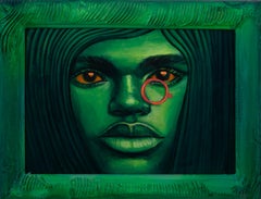 Vibrant Green Portrait with Red Monocle and Intense Gaze - Ancestor Clones #17