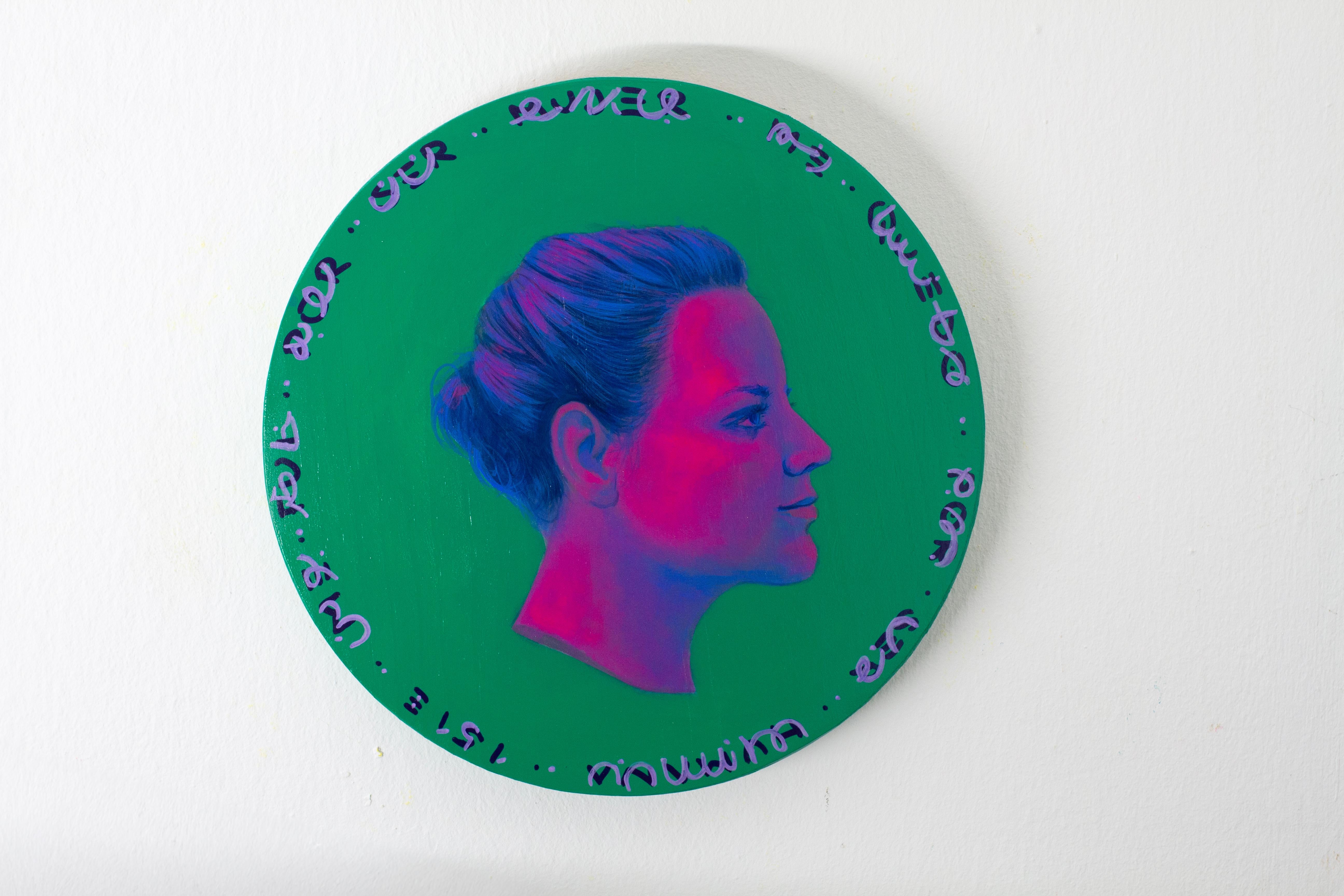 Retrato redondo verde con texto grabado, acrílico sobre madera. Moneda nº 268 en venta 1