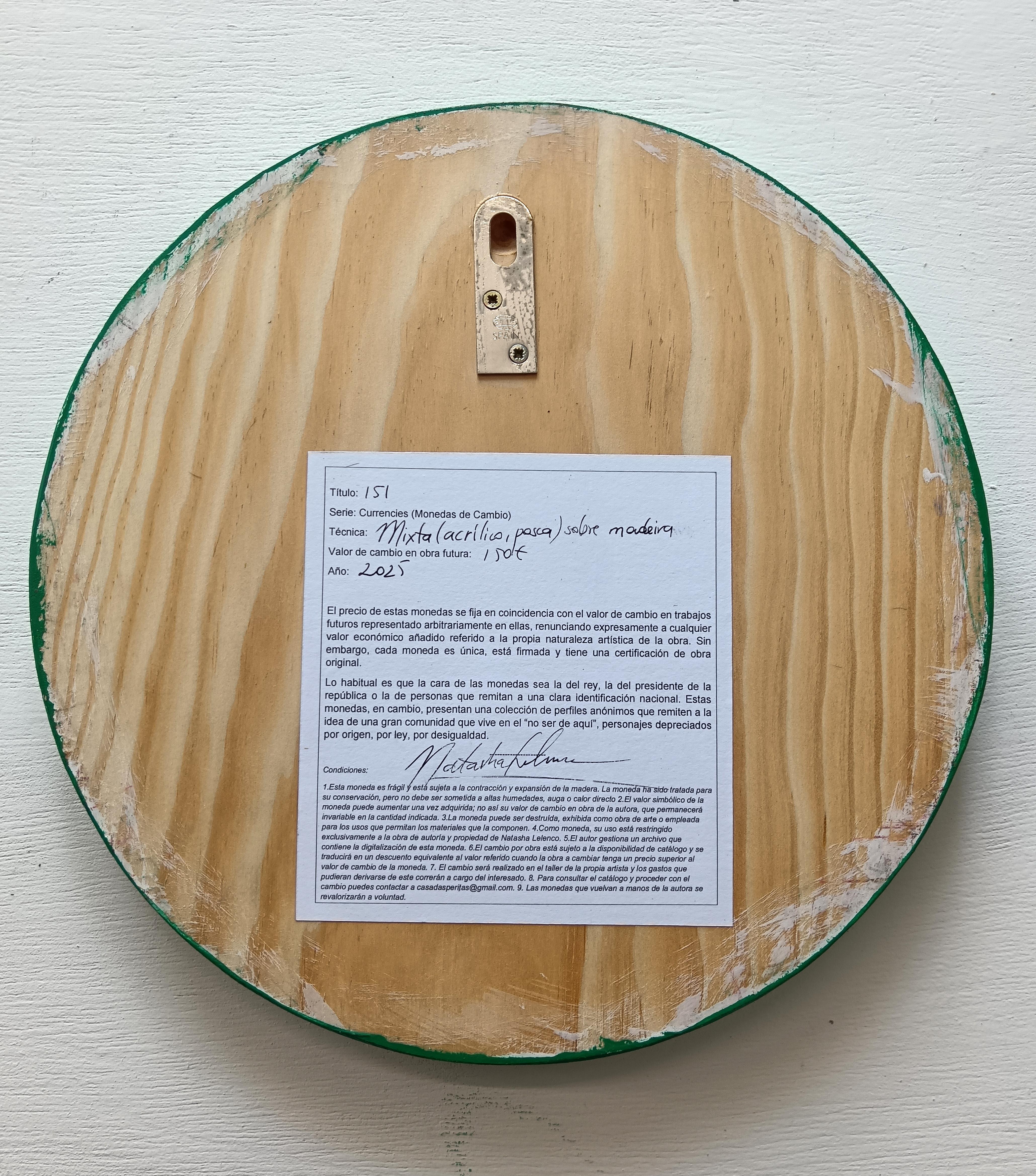 Retrato redondo verde con texto grabado, acrílico sobre madera. Moneda nº 268 en venta 4