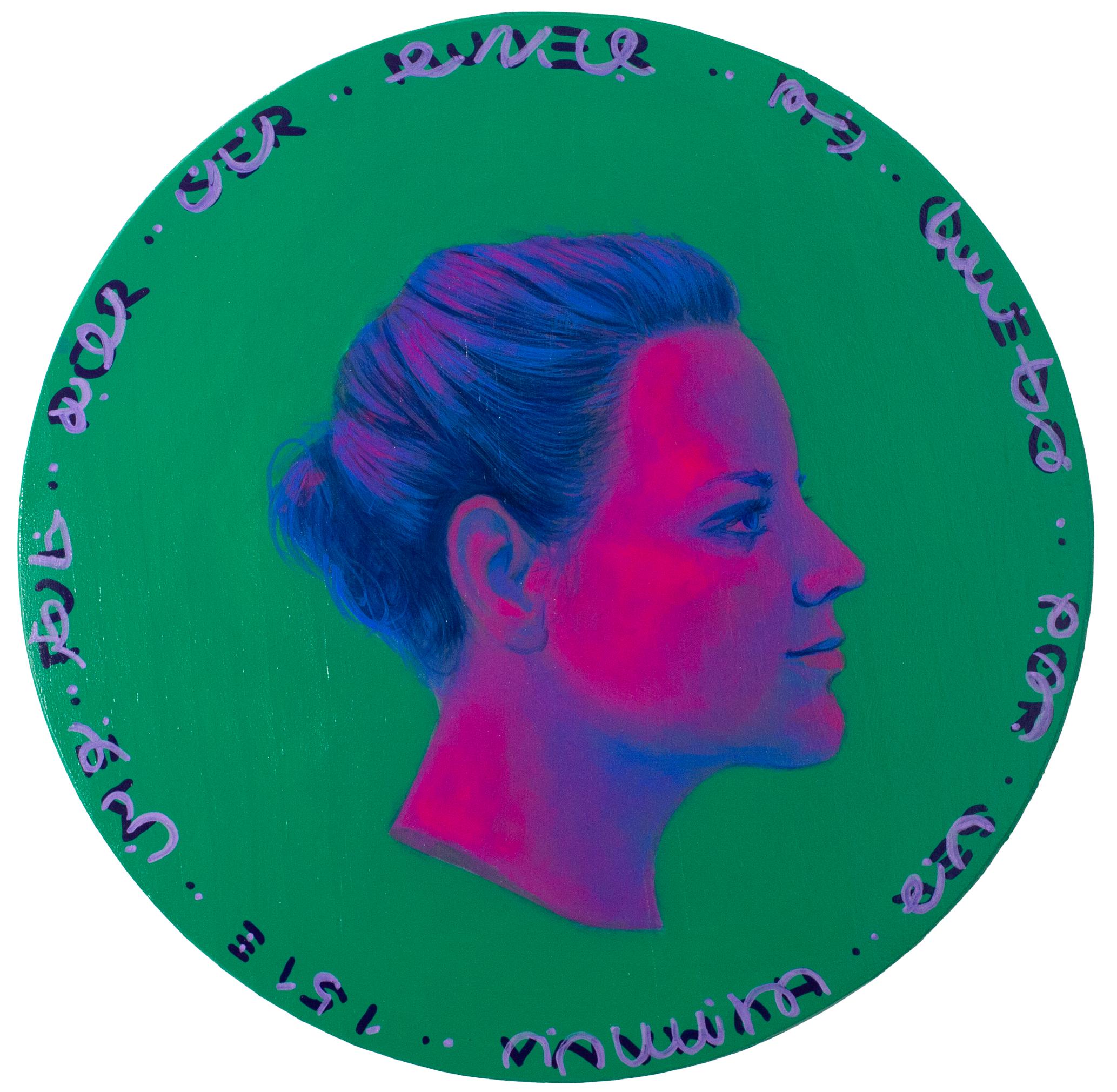 Figurative Painting de Natasha Lelenco - Retrato redondo verde con texto grabado, acrílico sobre madera. Moneda nº 268