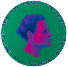 Portrait rond vert avec texte en creux, acrylique sur Wood. Monnaie #268
