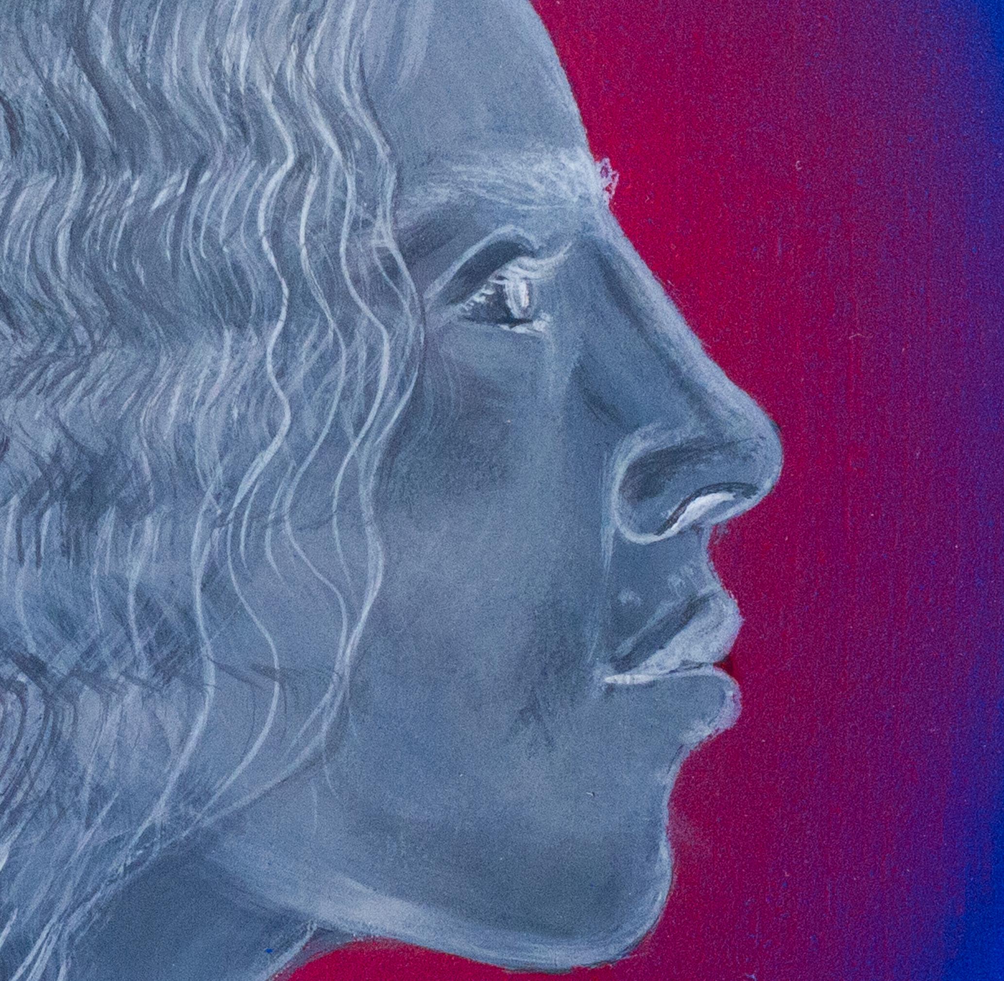 Umgekehrtes monochromes moldauisches Porträt mit rot-blauem Kreisfeld. Währung 270 – Painting von Natasha Lelenco