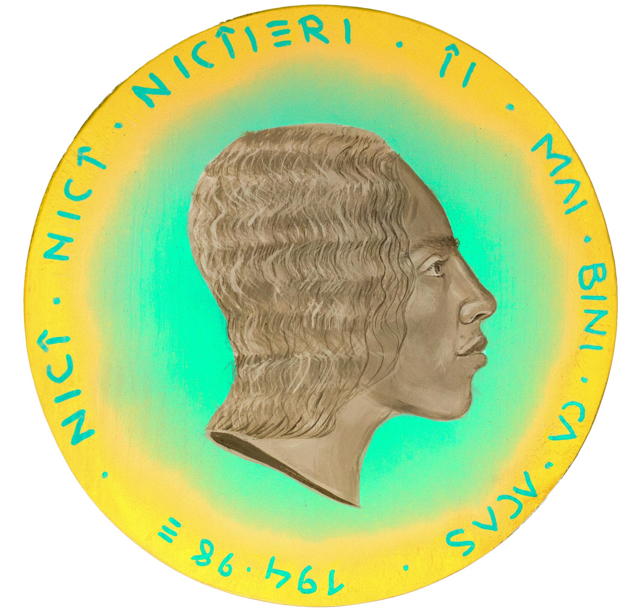Dieses umgedrehte monochrome moldawische Porträt von Natasha Lelenco, das zu ihrer laufenden Serie Exchange Currencies (I'm Sorry, I'm Not From Here) gehört, ist ein Acrylgemälde auf einer runden Kiefernholzplatte (26 cm Durchmesser, 2 cm Tiefe).