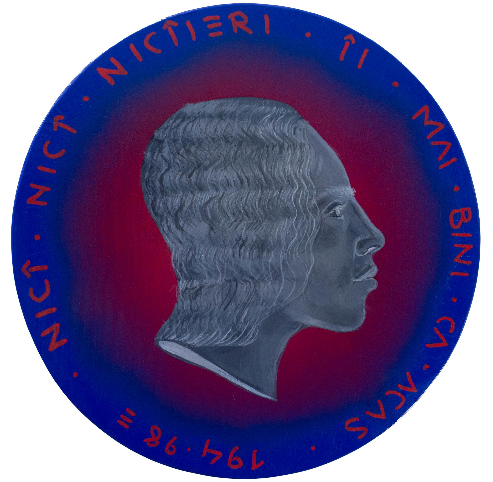 Natasha Lelenco Figurative Painting – Umgekehrtes monochromes moldauisches Porträt mit rot-blauem Kreisfeld. Währung 270